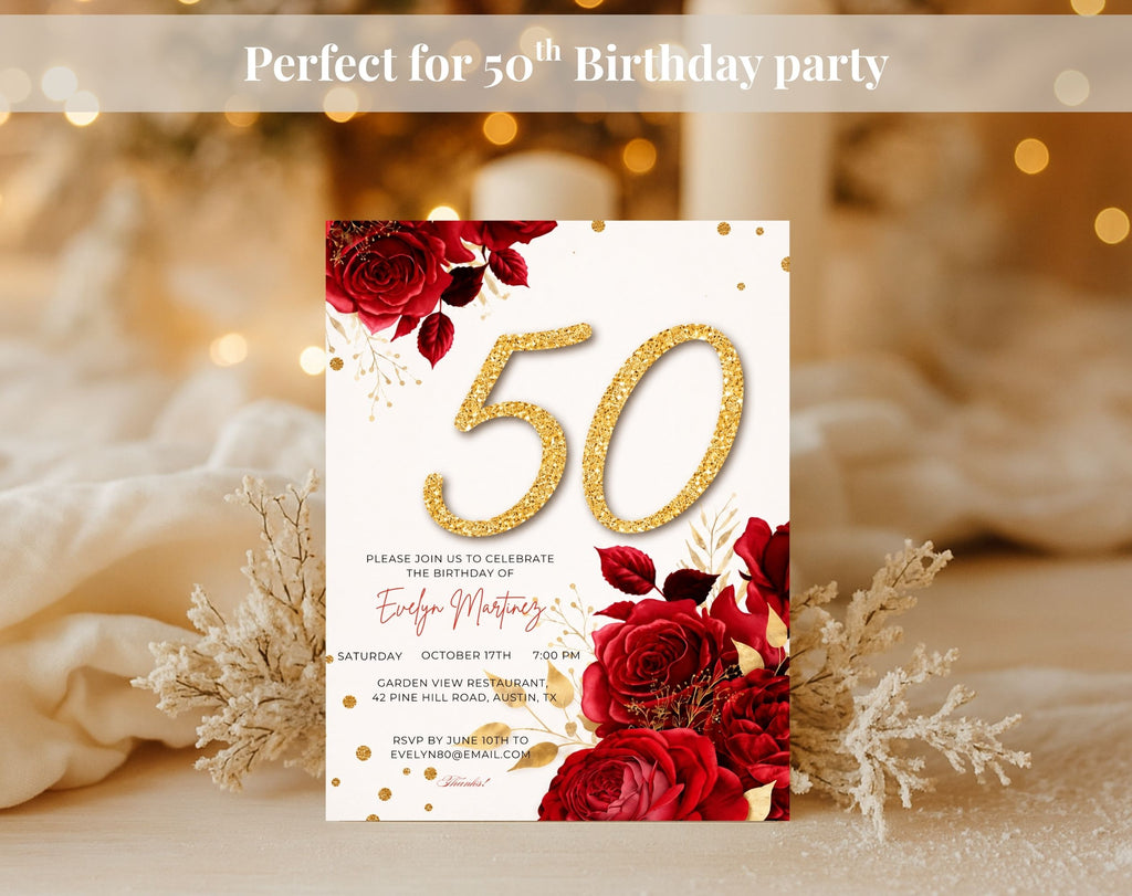 Red Rose Gold 50th Birthday Invitation