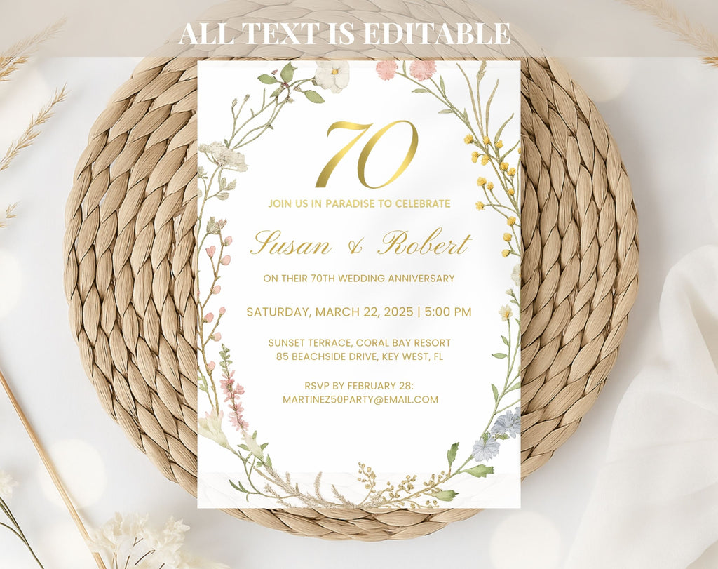 Elegant Floral 70th Wedding Anniversary Invitation