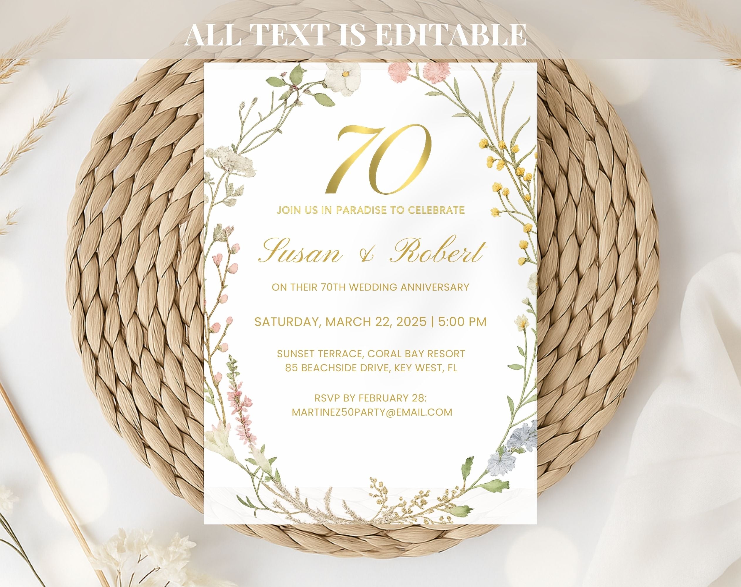 Elegant Floral 70th Wedding Anniversary Invitation