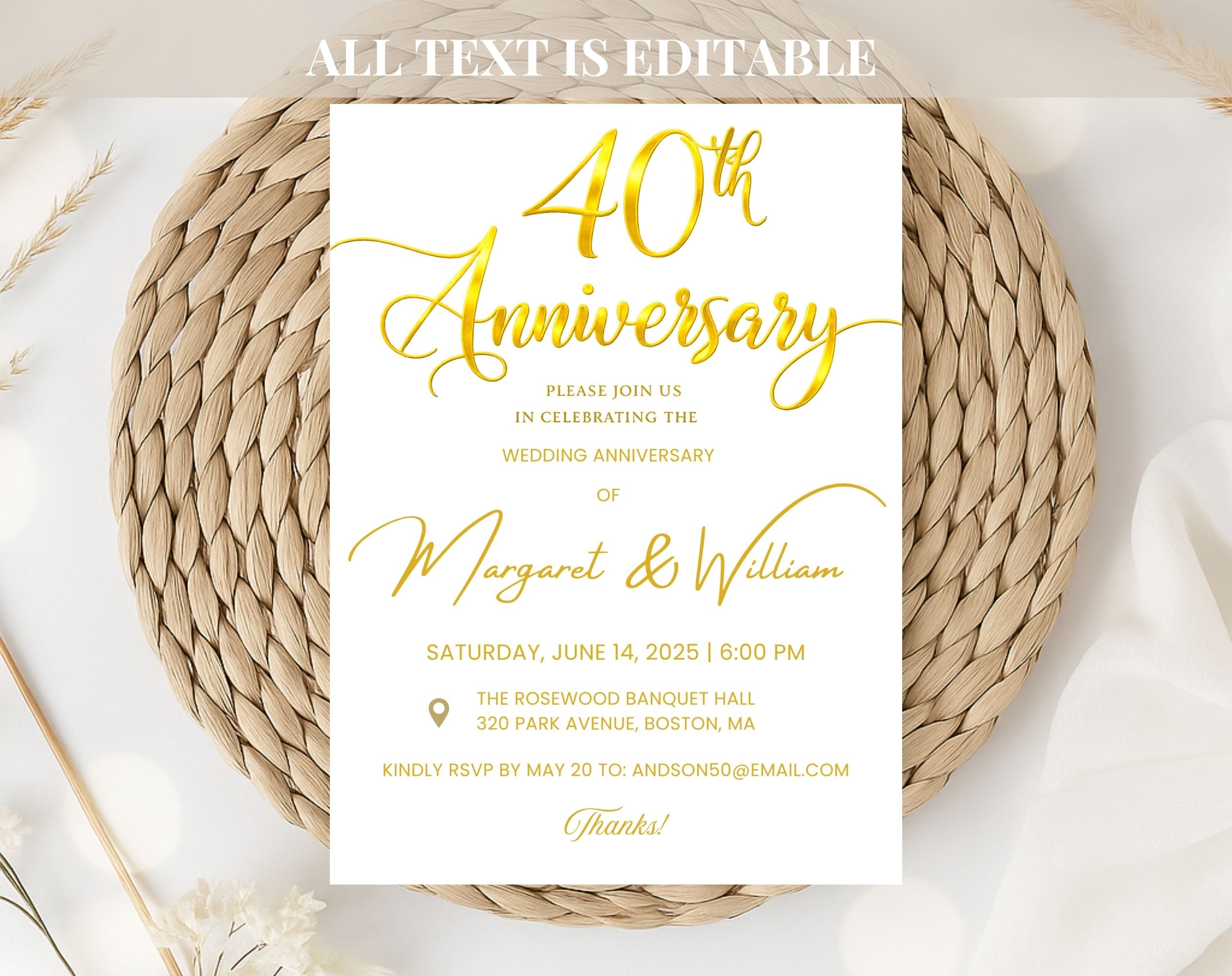 Golden 40th  Wedding Anniversary Invite White Gold
