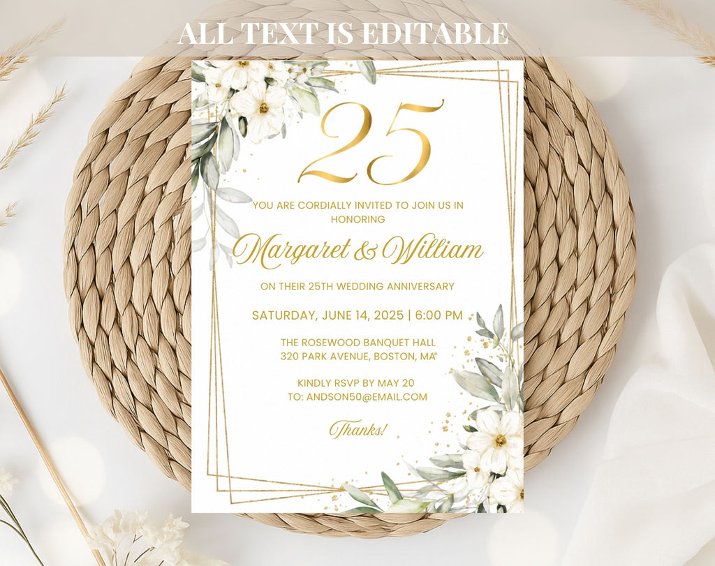 White Gold Floral 25th Wedding Anniversary Invitation