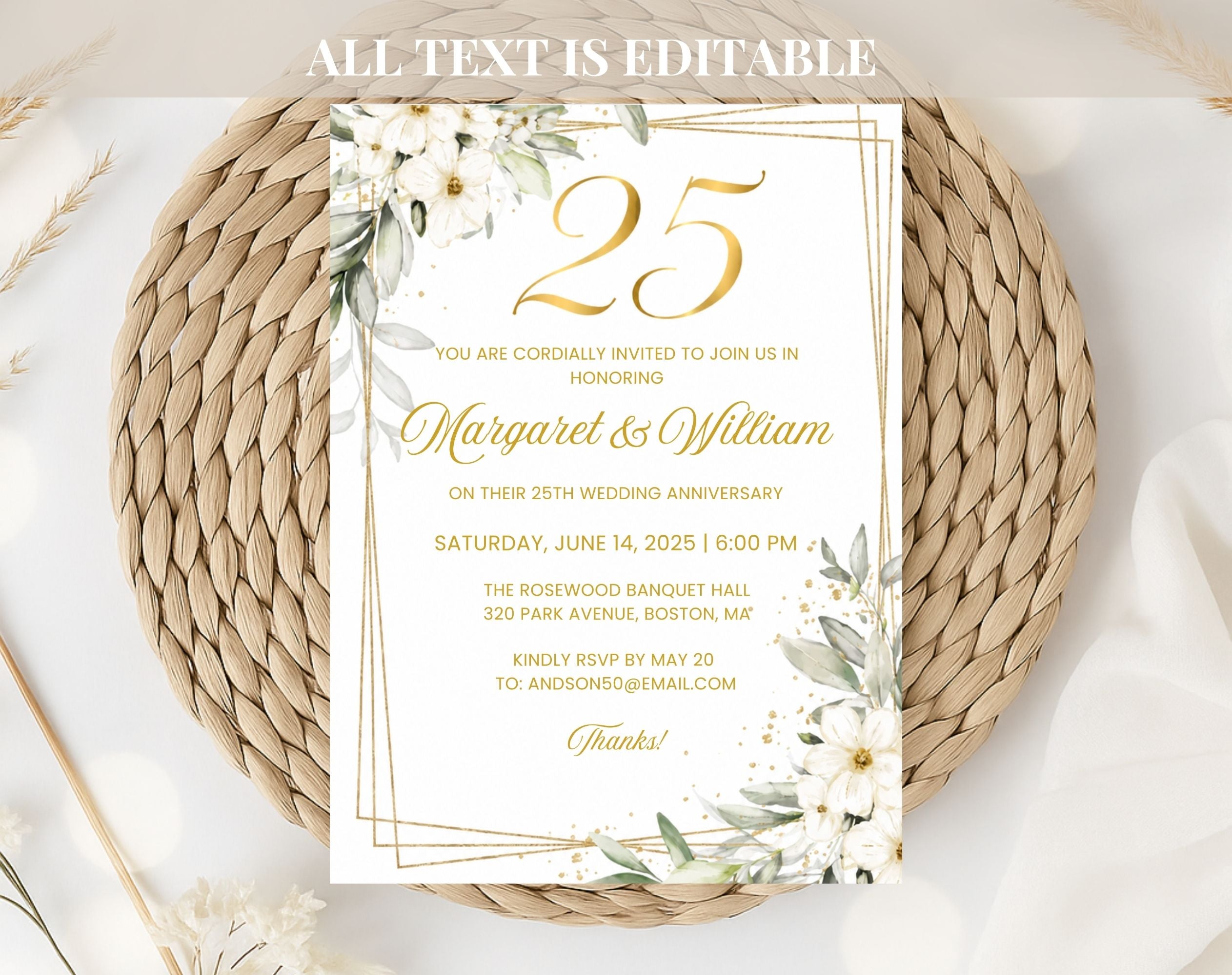 White Gold Floral 25th Wedding Anniversary Invitation