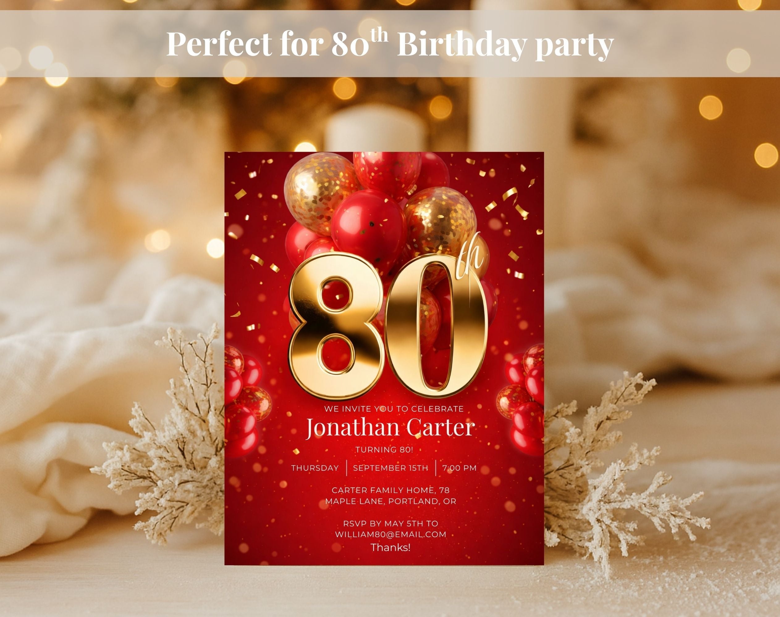 Red Gold 80th Birthday Invitation