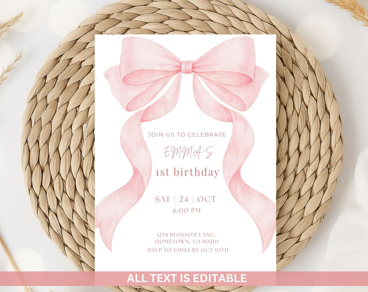 Pink Bow First Birthday Invitation