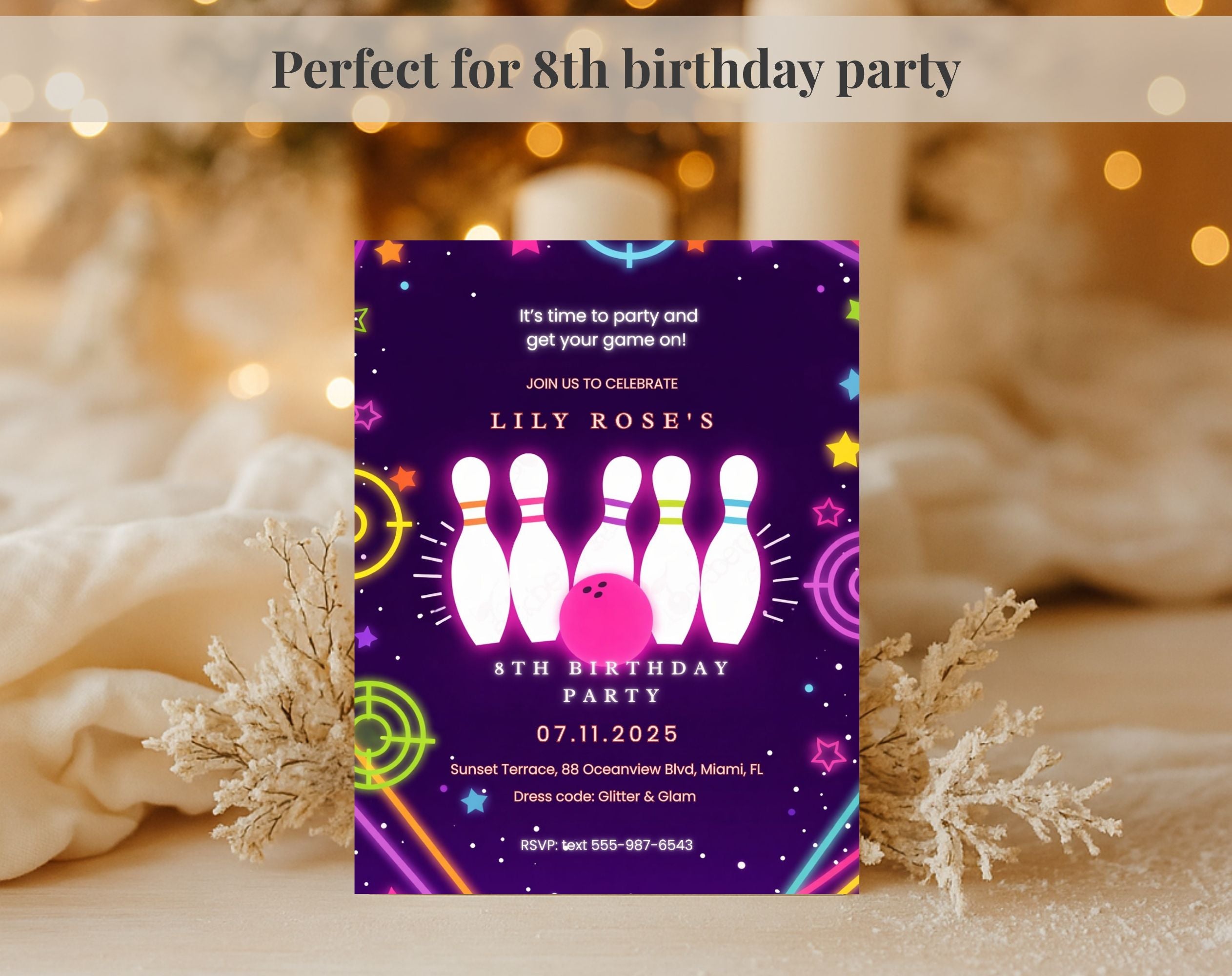 Purple Neon Bowling 8th Birthday Invitation