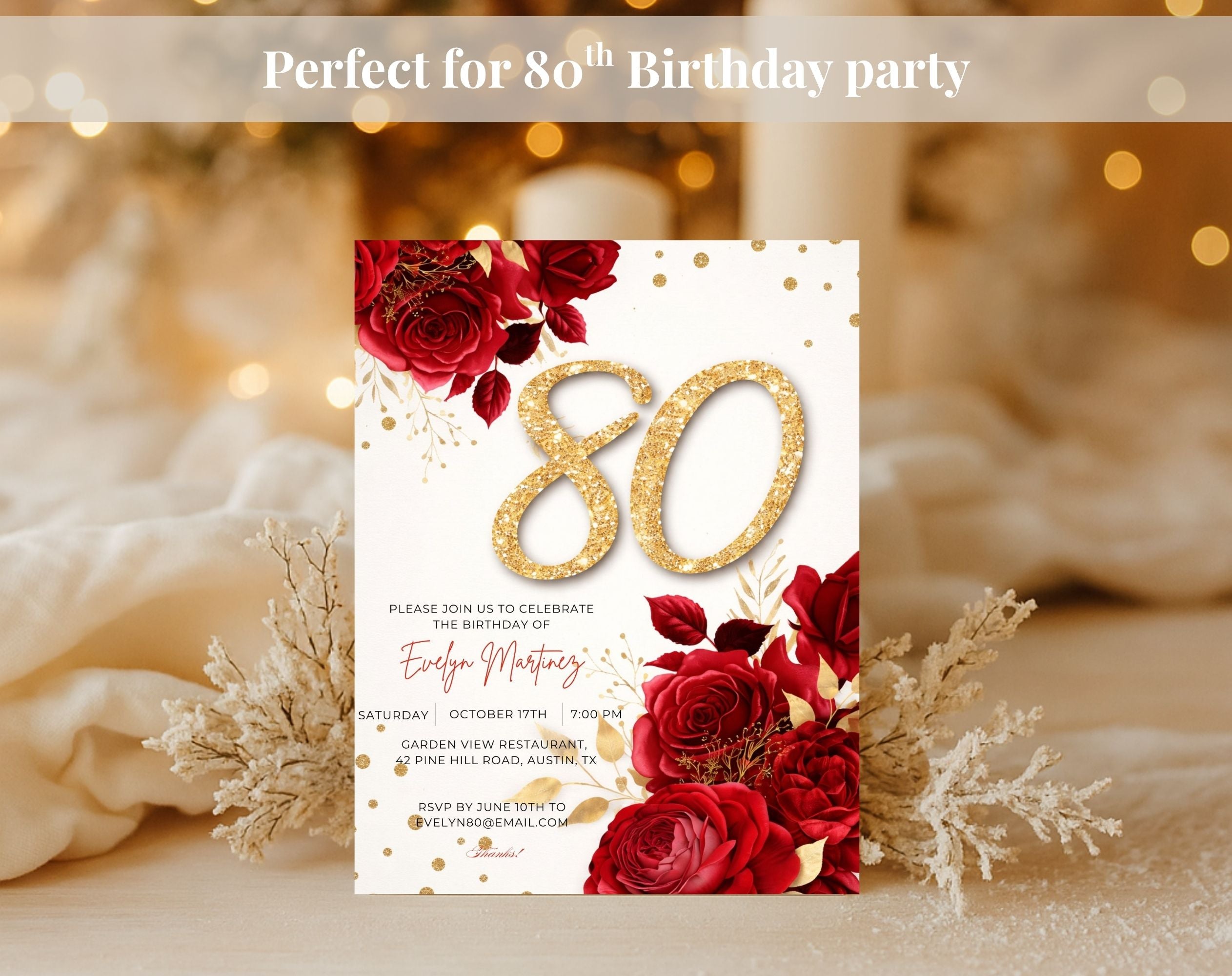 Elegant Floral Red and Gold 80th Birthday Invitation