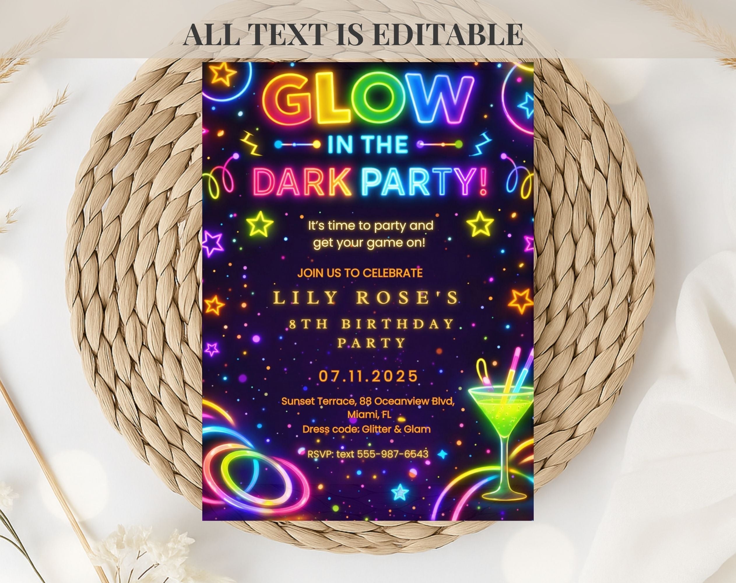 Neon Glow 8th Birthday Invitation