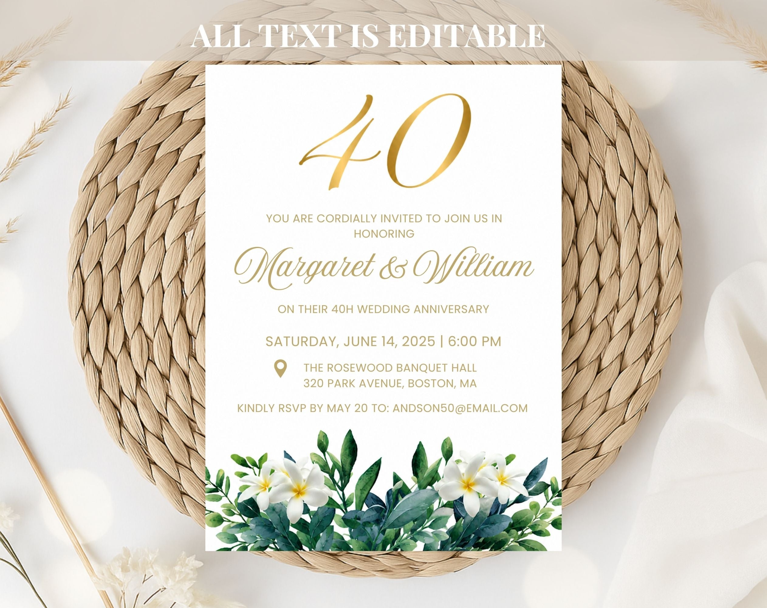 40th White Gold Wedding Anniversary Invitation