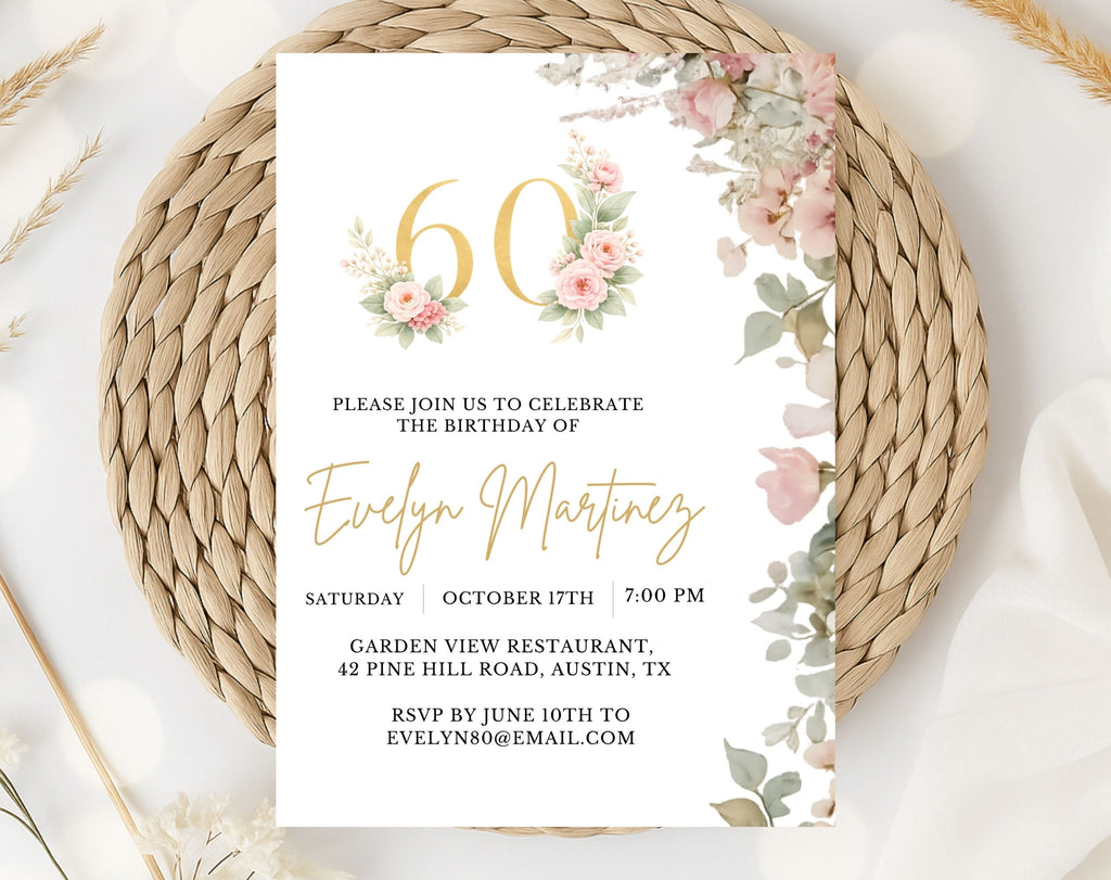Elegant Floral 60th Birthday Invitation