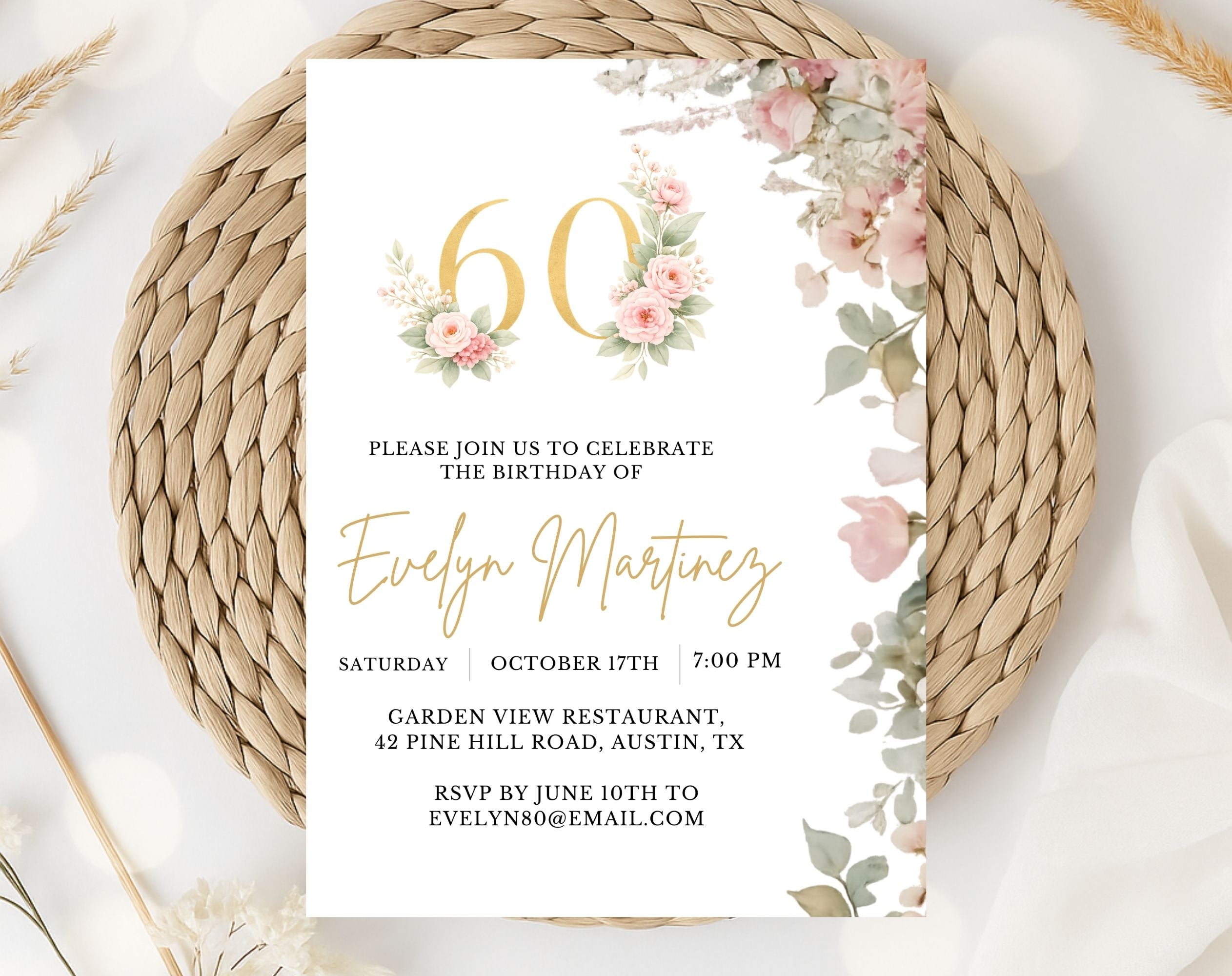 Elegant Floral 60th Birthday Invitation