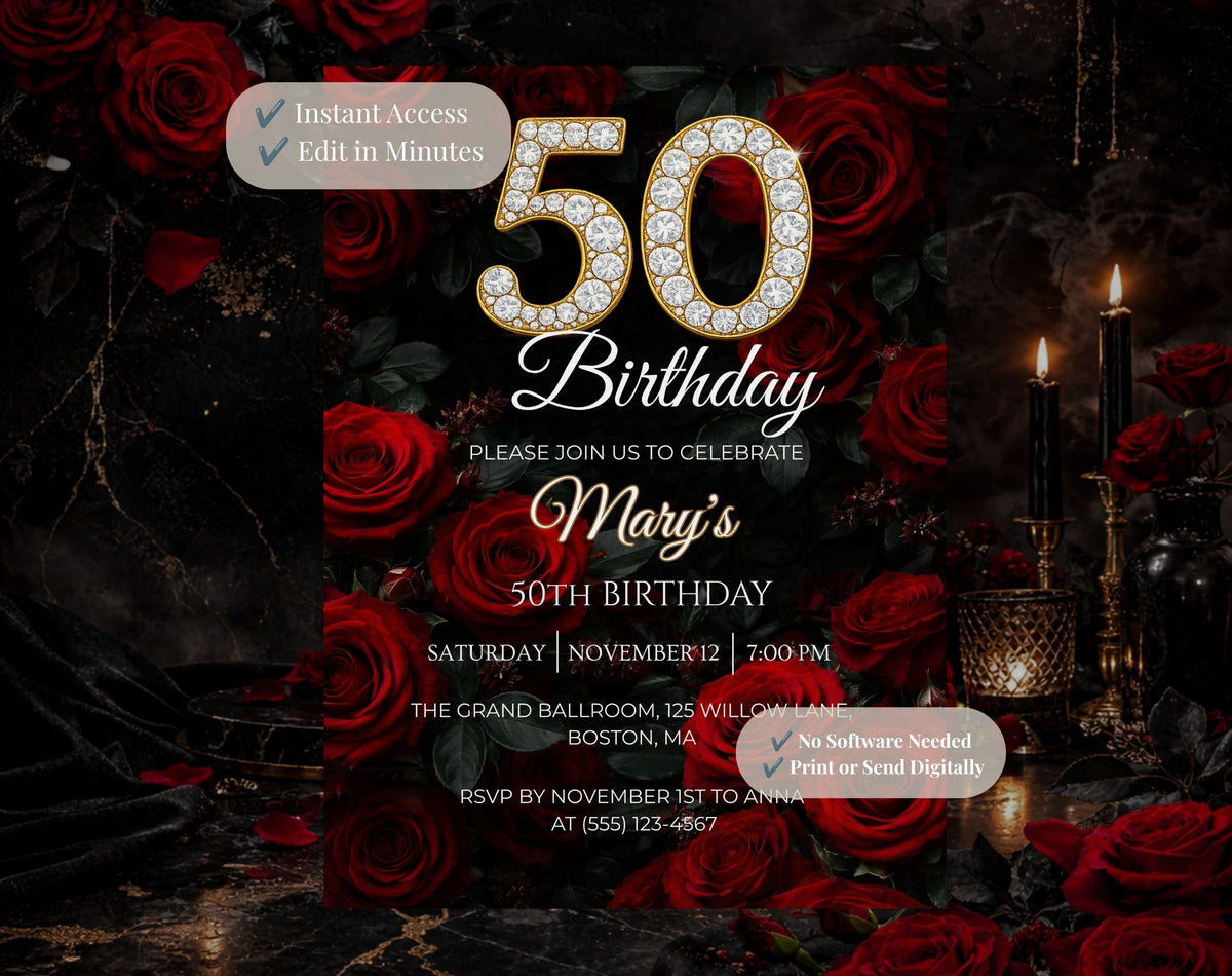 Luxury Red Rose 50th Birthday Invitation