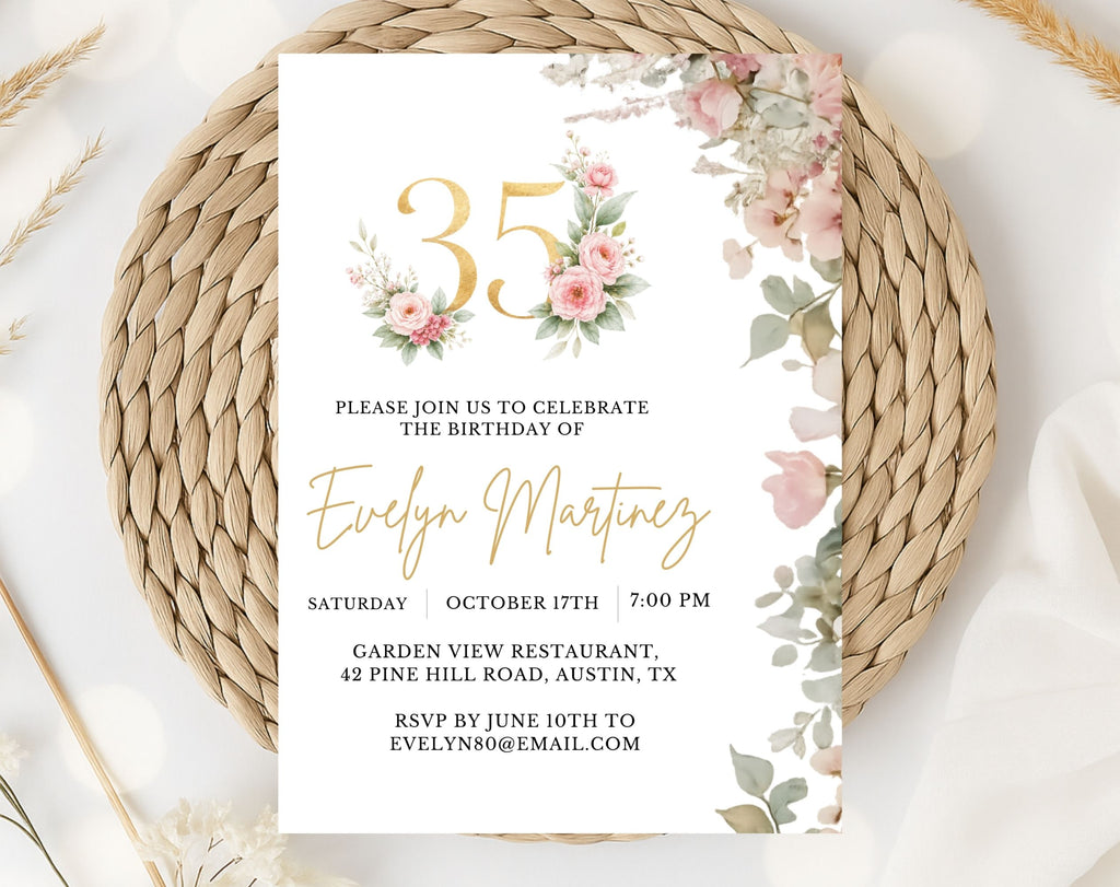 Elegant Floral 35th Birthday Invitation