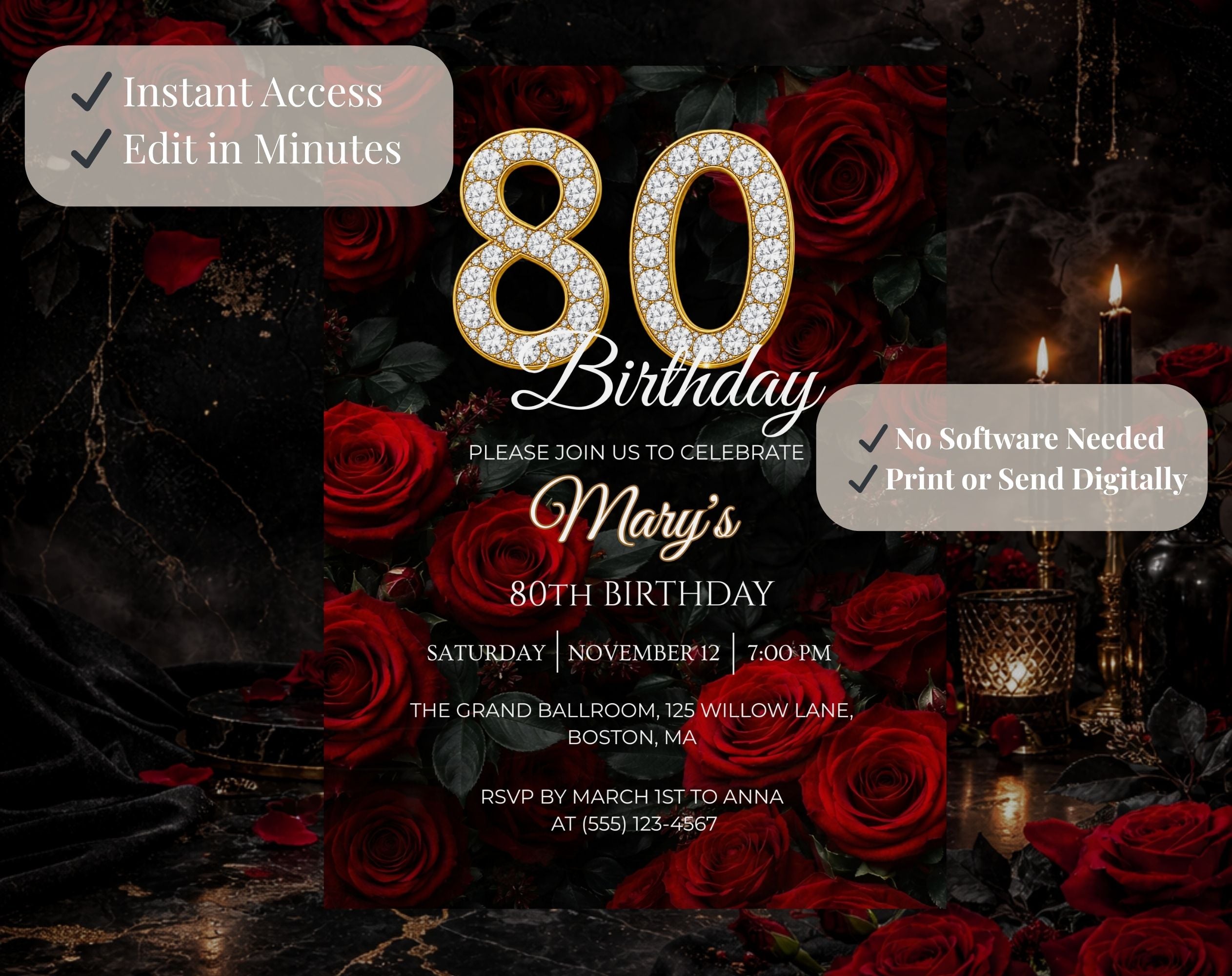 Luxury Red Rose 80th Birthday Invitation