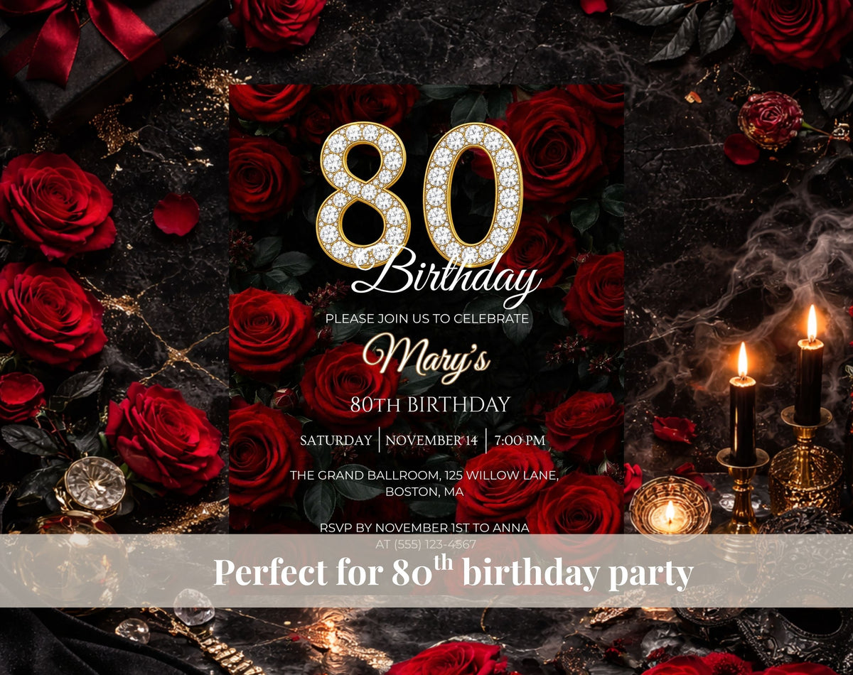Luxury Red Rose 80th Birthday Invitation