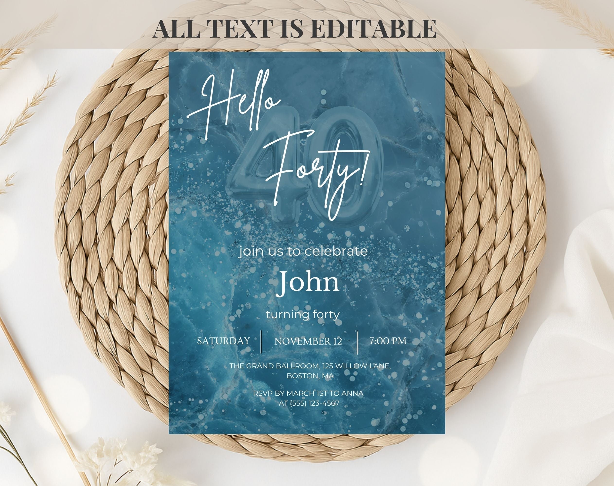 Modern Blue 40th Birthday Invitation