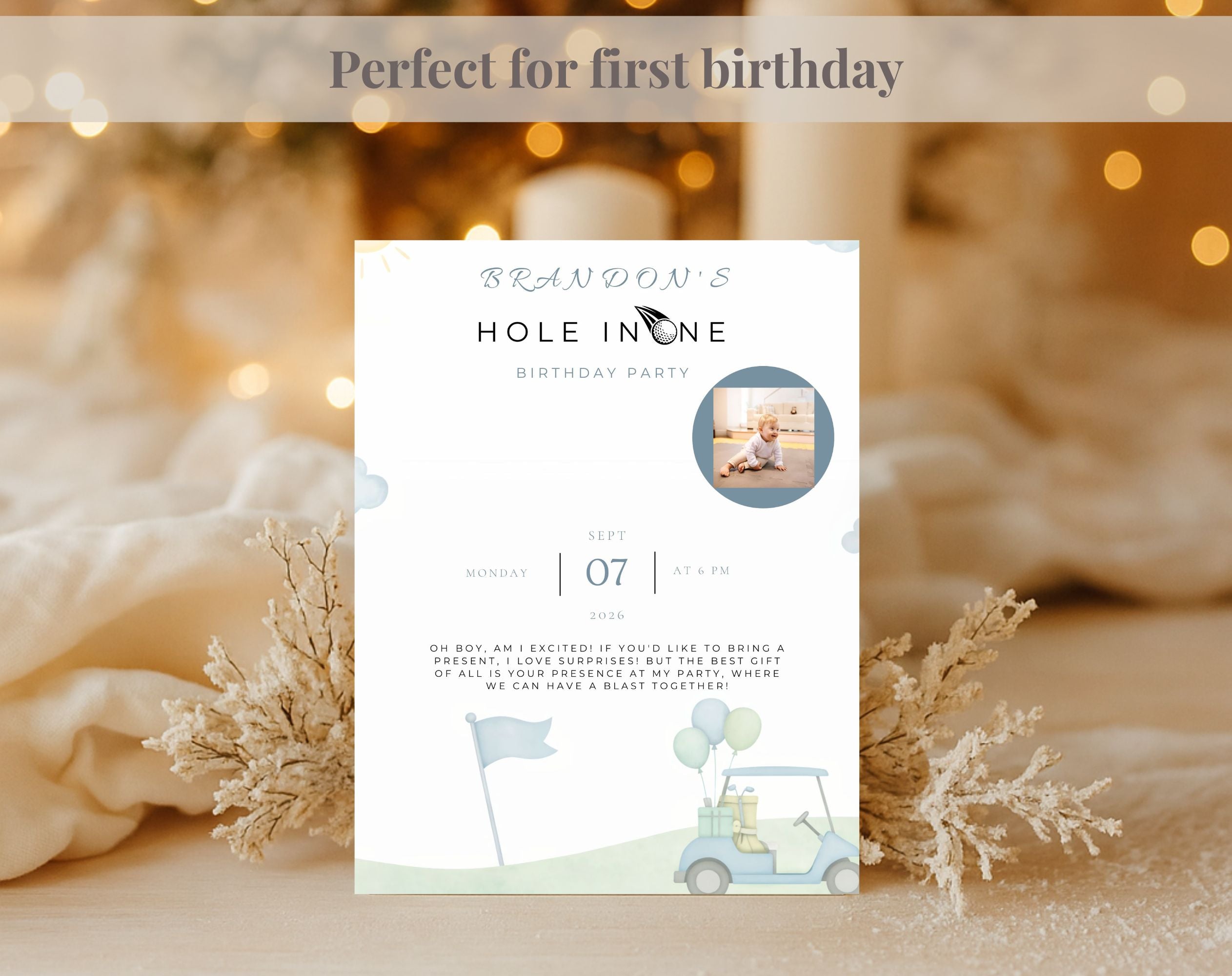 Blue and Green Hole in One Golf First Birthday Invitation