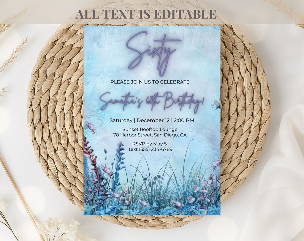 Blue Floral Elegant 60th Birthday Invitation