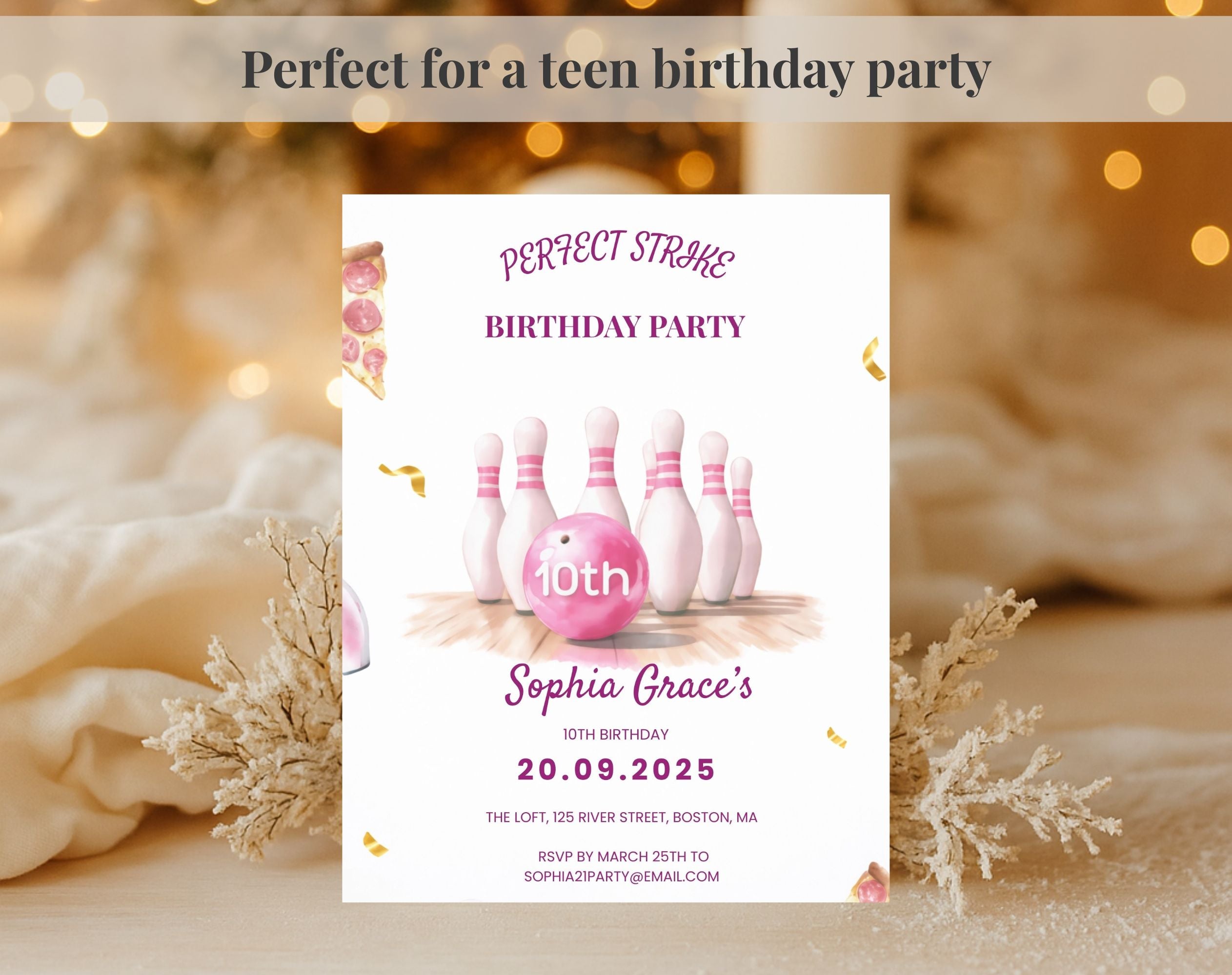 Girls Pink Bowling 10th Birthday Invitation