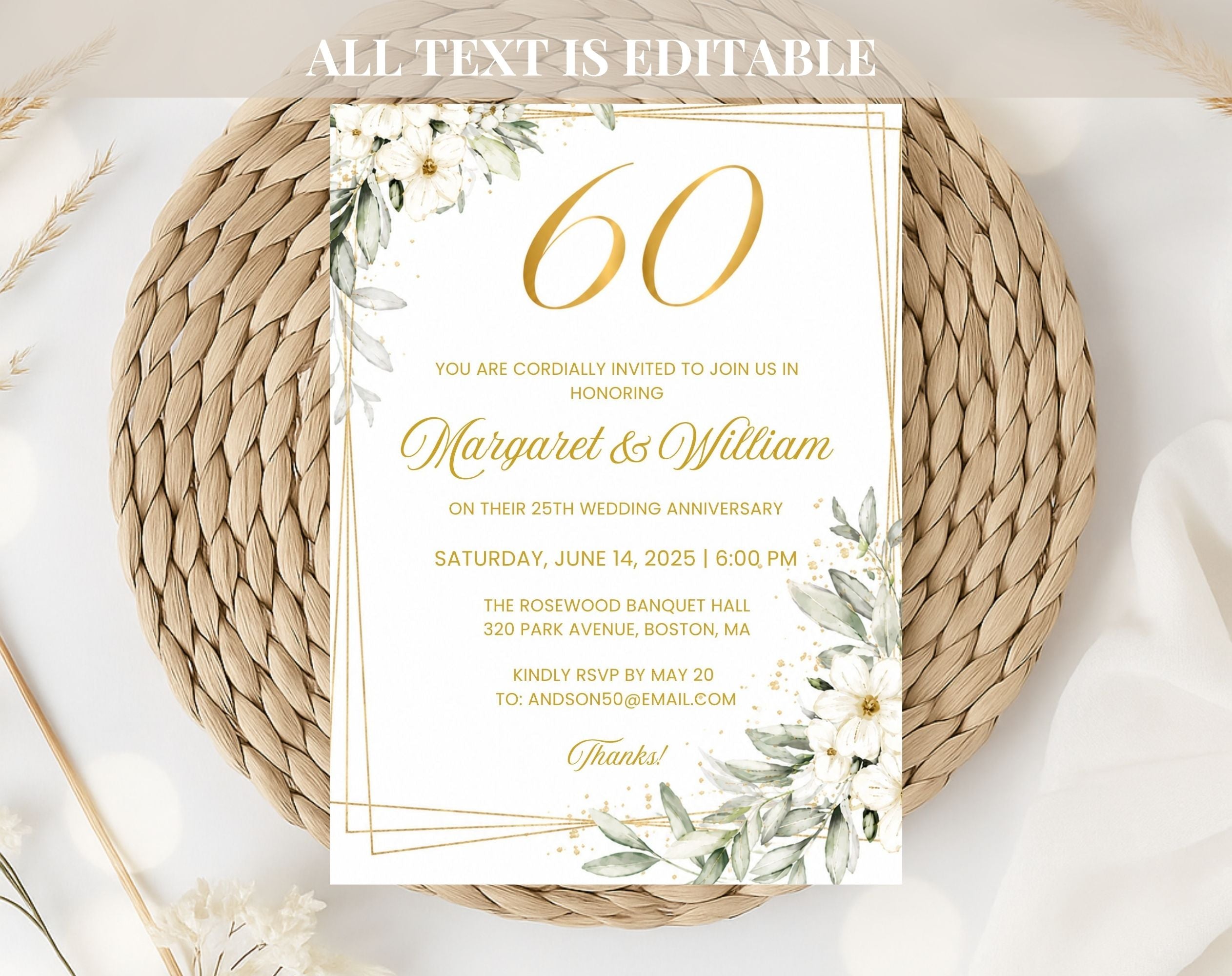 White Gold Floral 60th Wedding Anniversary Invitation