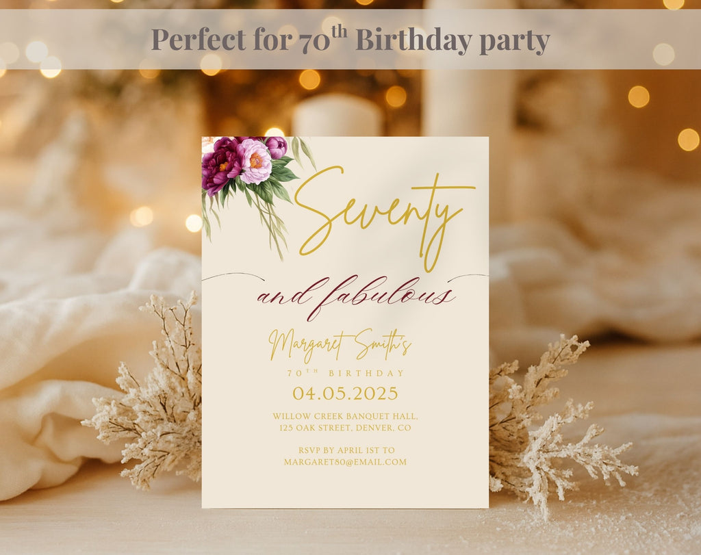Beige Floral Elegant 70th Birthday Invitation