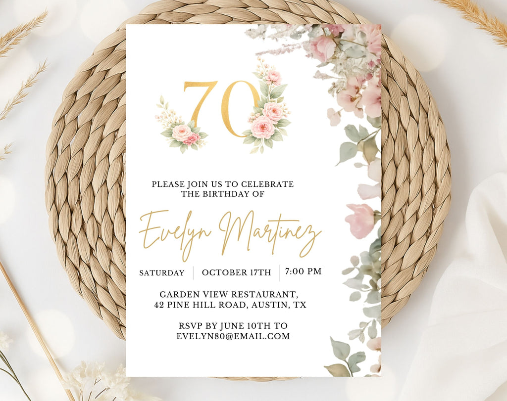 Elegant Floral 70th Birthday Invitation