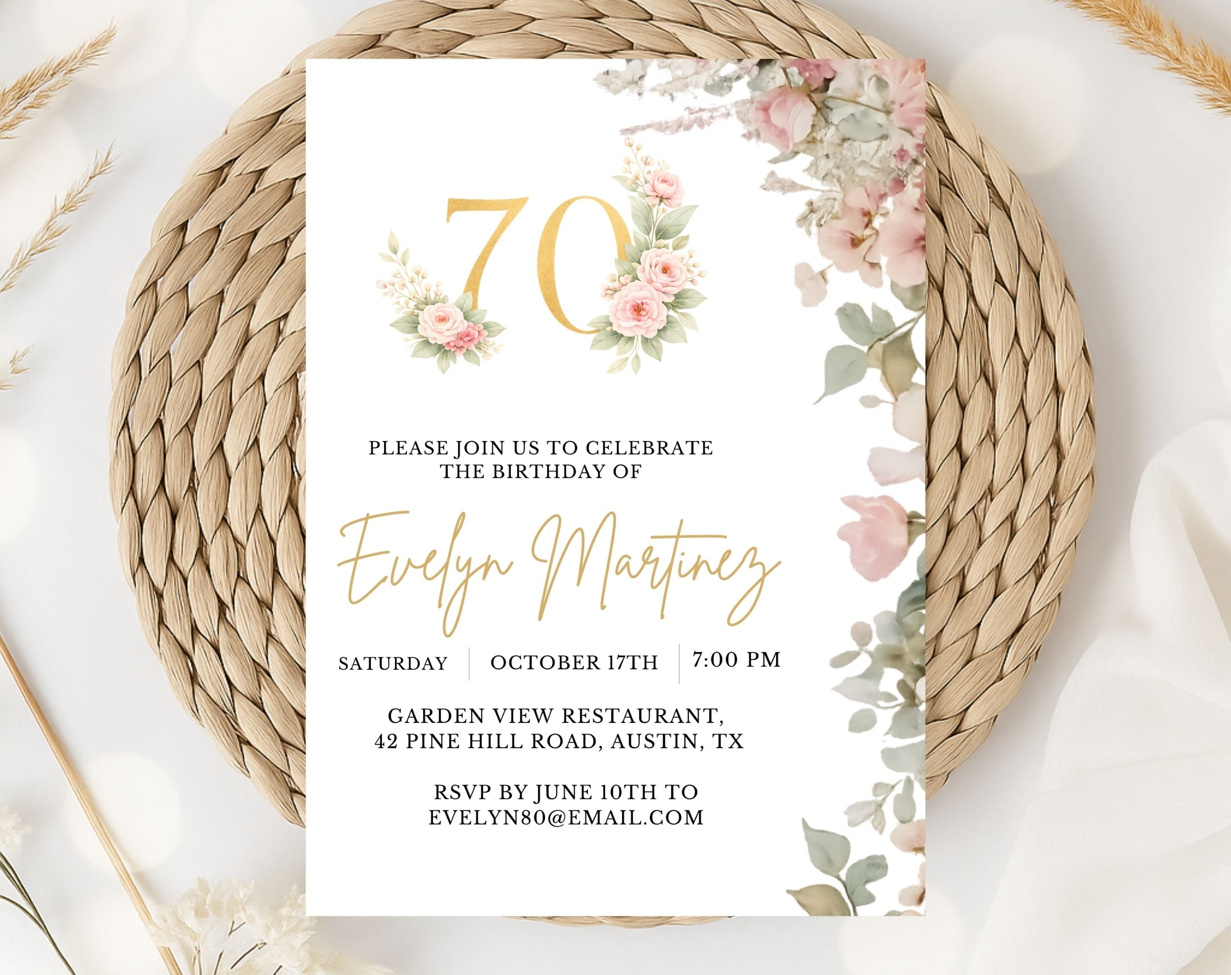 Elegant Floral 70th Birthday Invitation