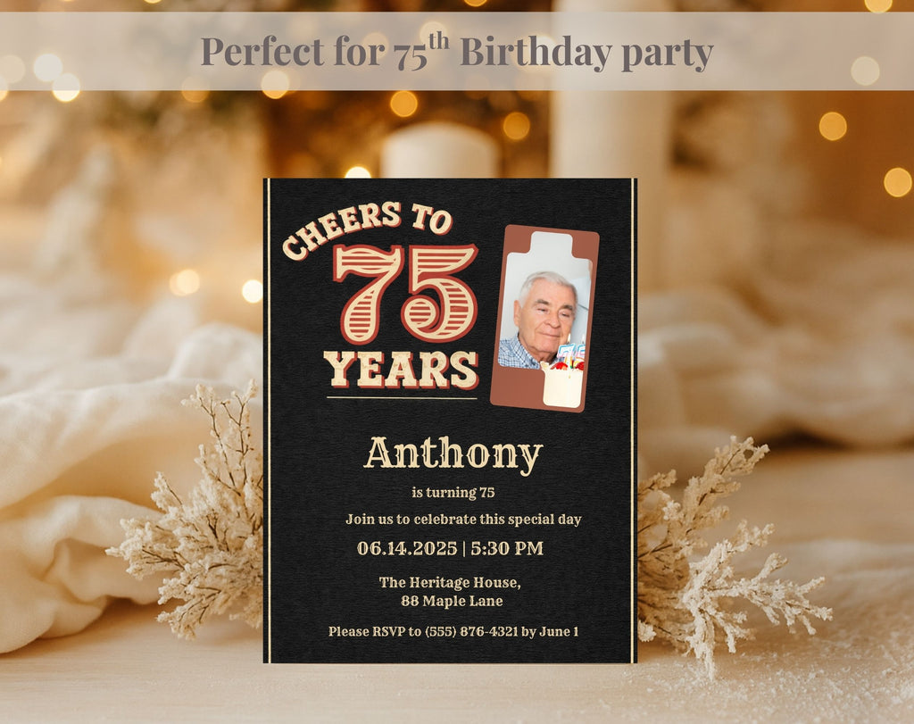 Vintage Black 75th Birthday Invitation