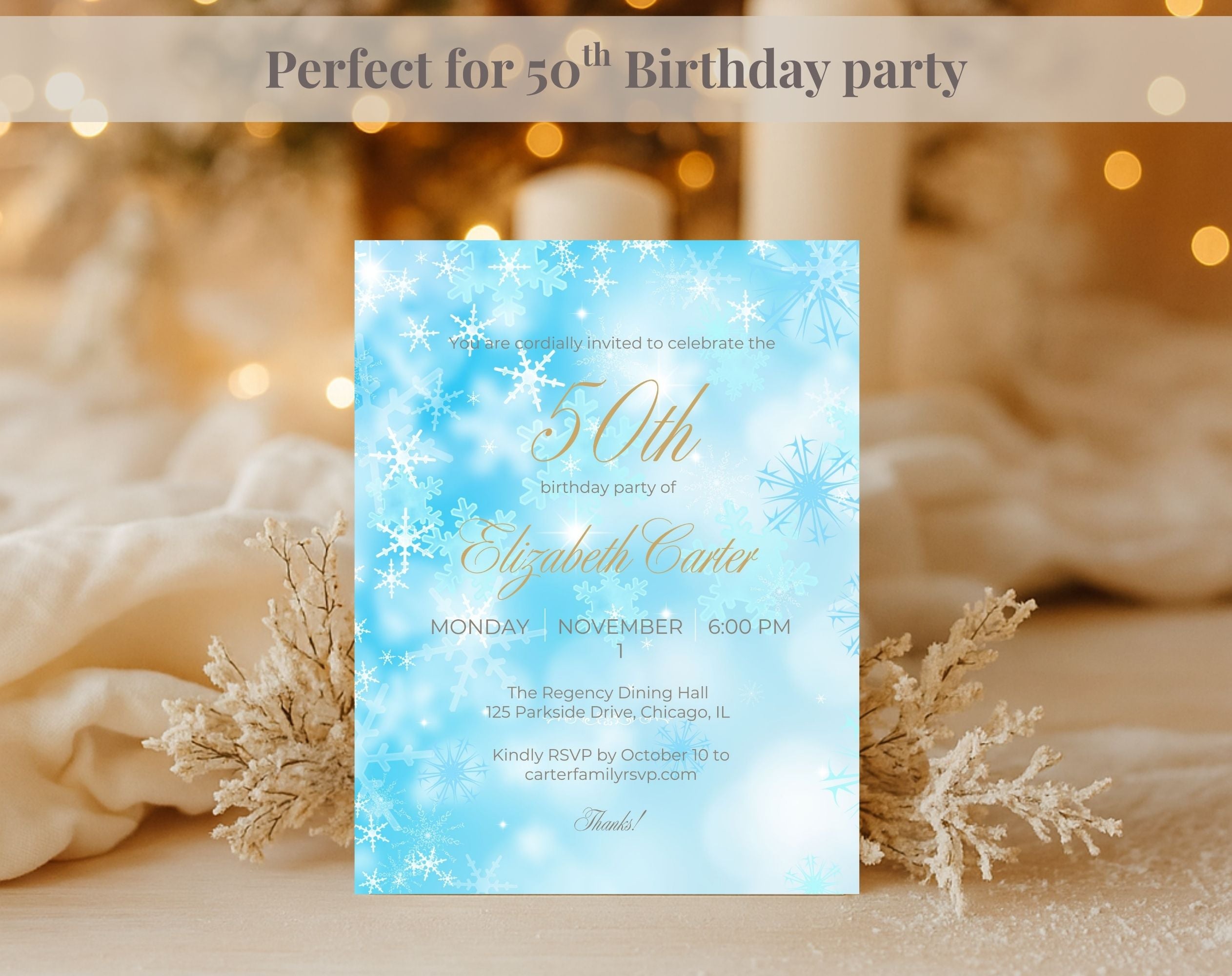 Winter Birthday Invitation Blue Snowflake 50th Party Invite Editable Template Evite Instant Download