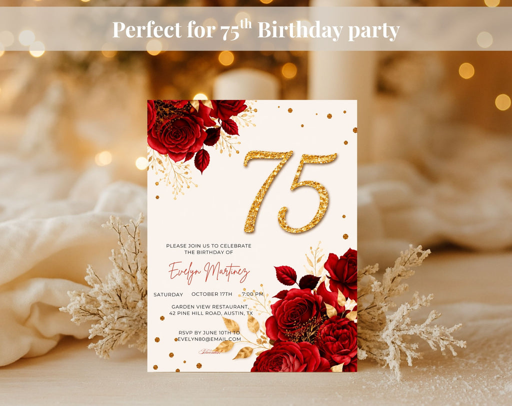 Elegant Red Rose 75th Birthday Invitation