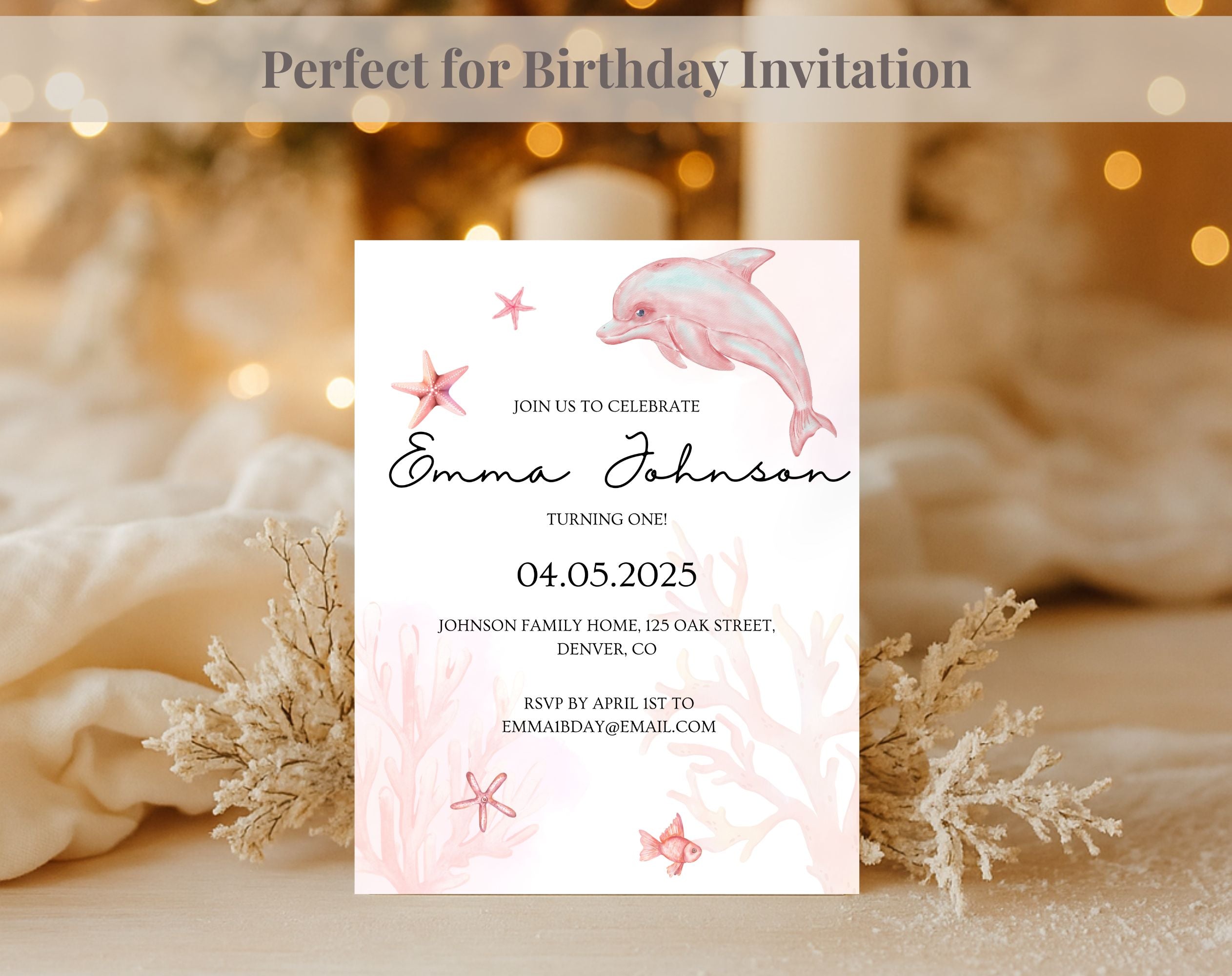 Pink Ocean first Birthday Invitation