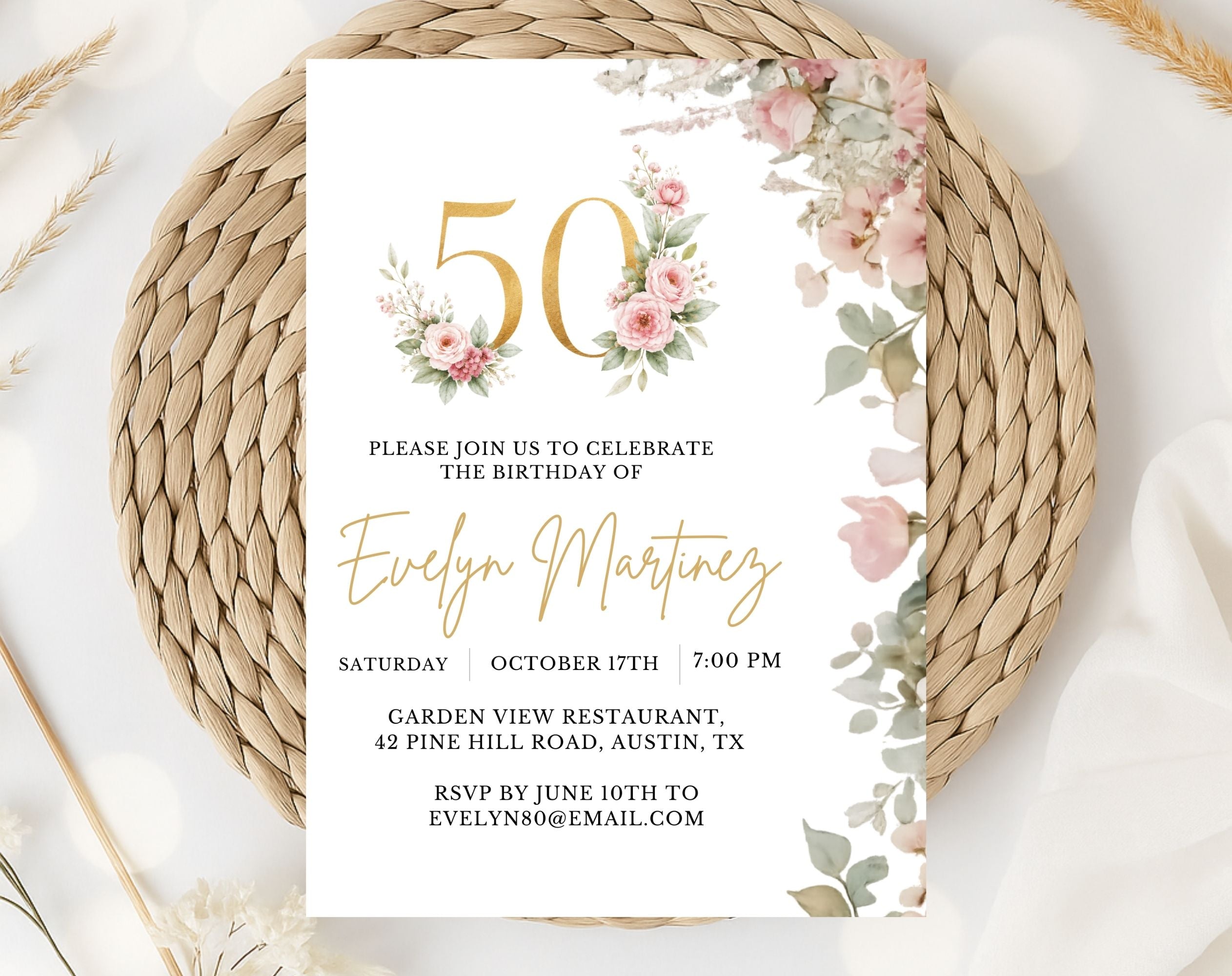 Elegant Floral 50th Birthday Invitation