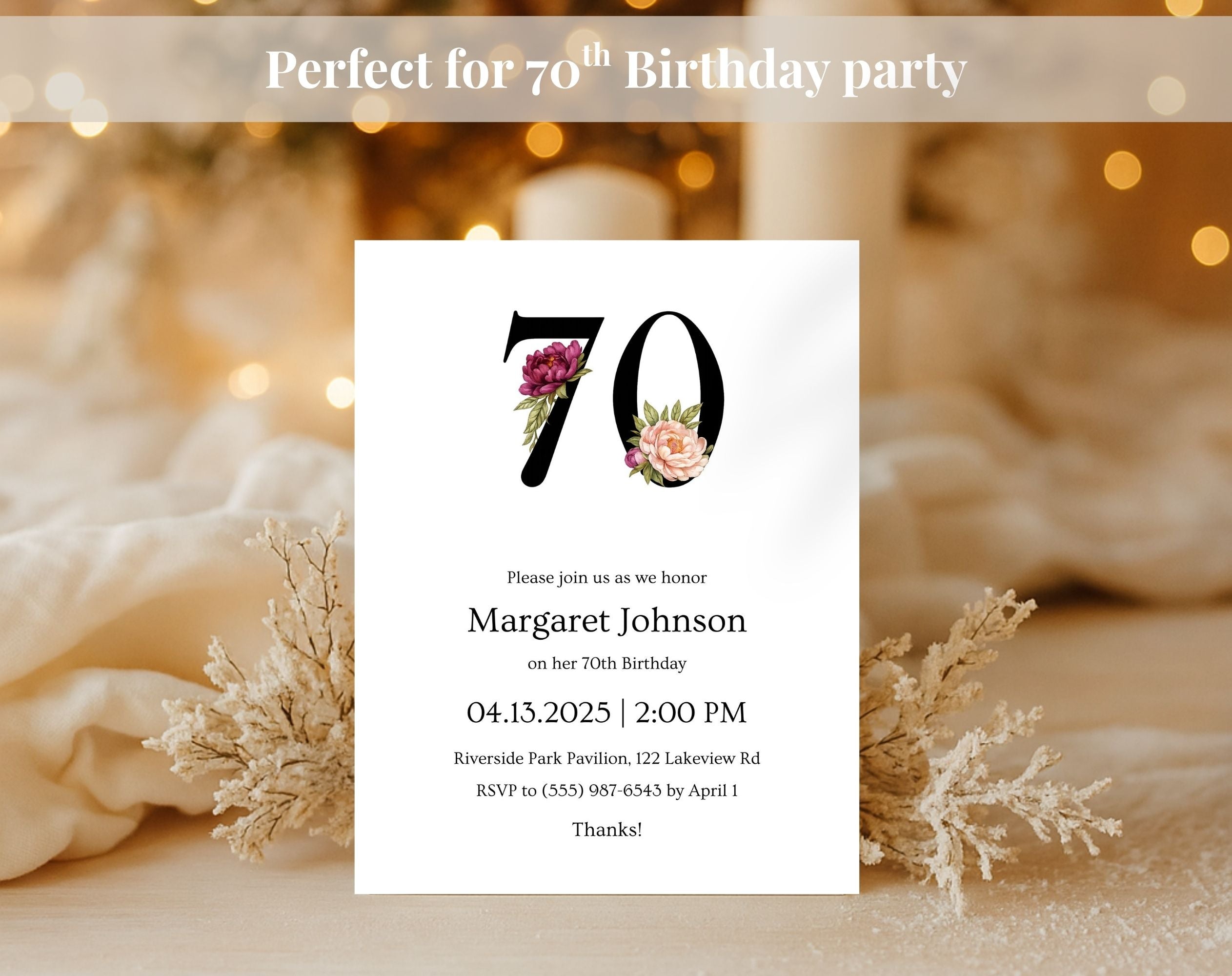 Black Elegant Floral 70th Birthday Invitation