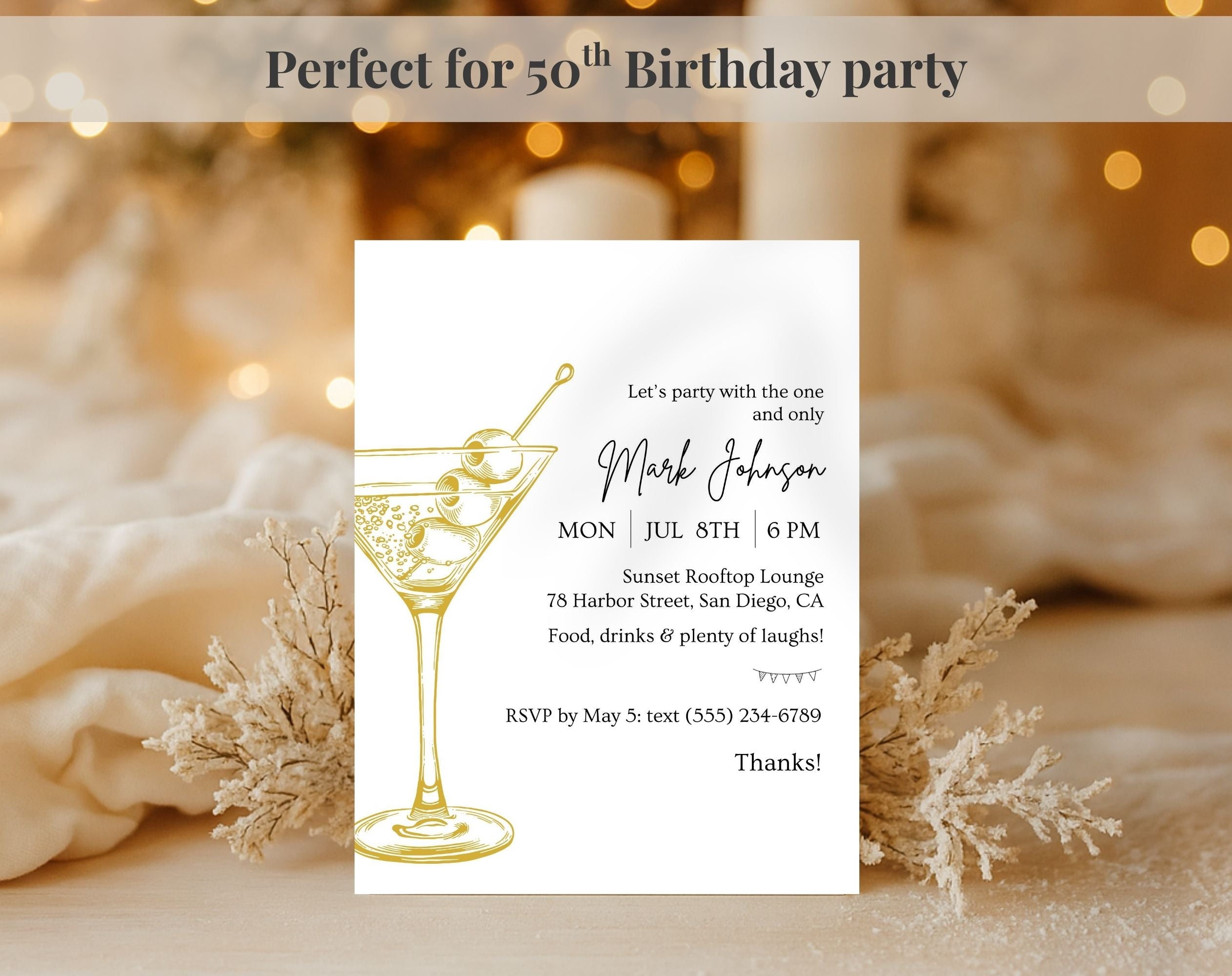 Gold Cocktail Birthday Party Invitation
