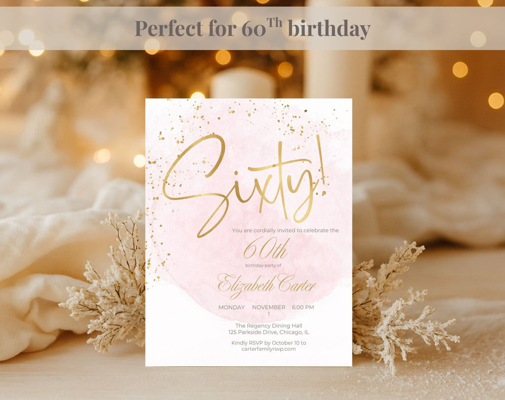 Elegant Blush Pink Golden 60th Birthday Invitation