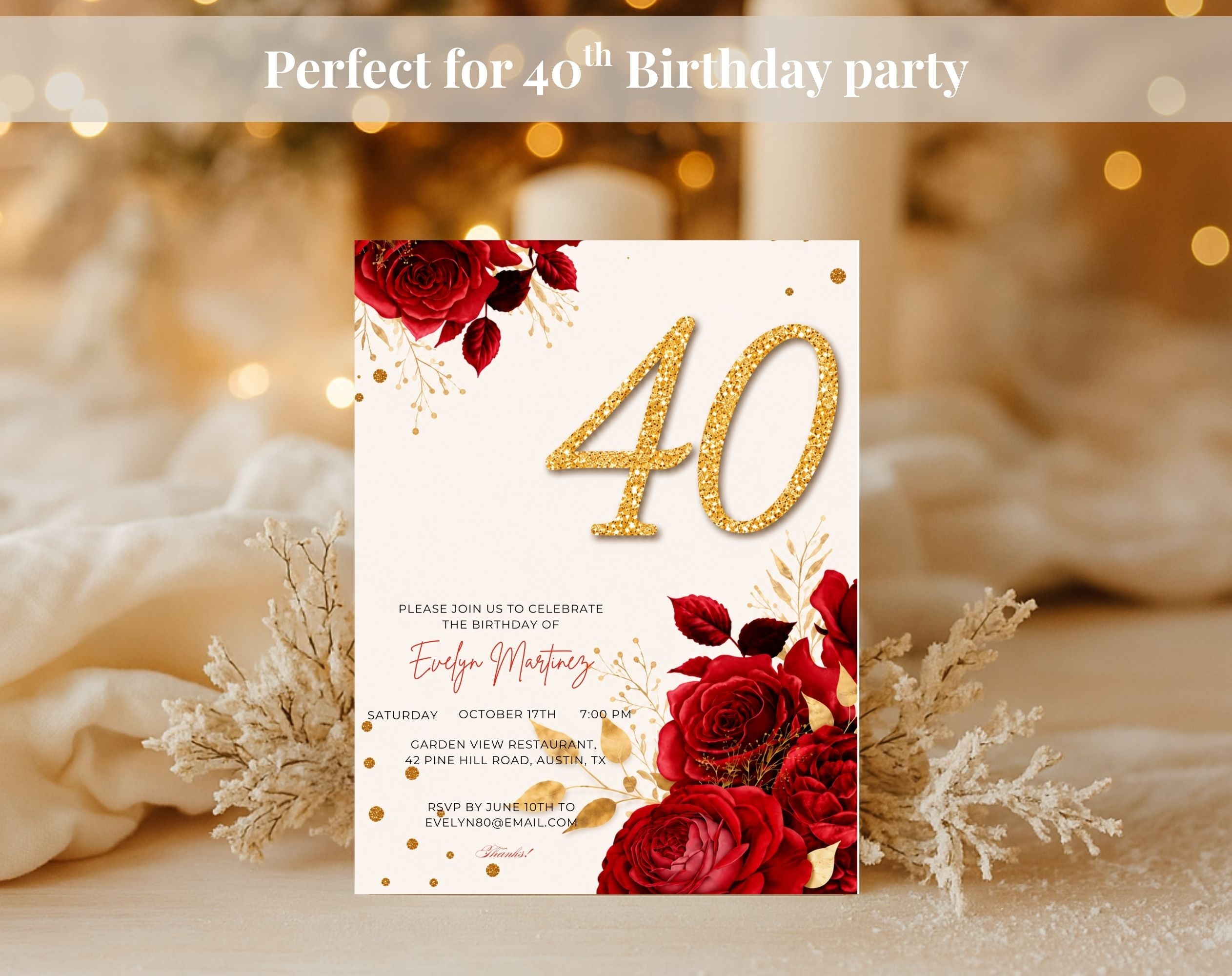 Elegant red rose golden 40th Birthday Invitation