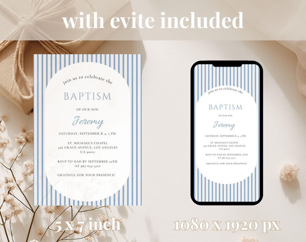 Classic Blue Striped Baptism Invitation