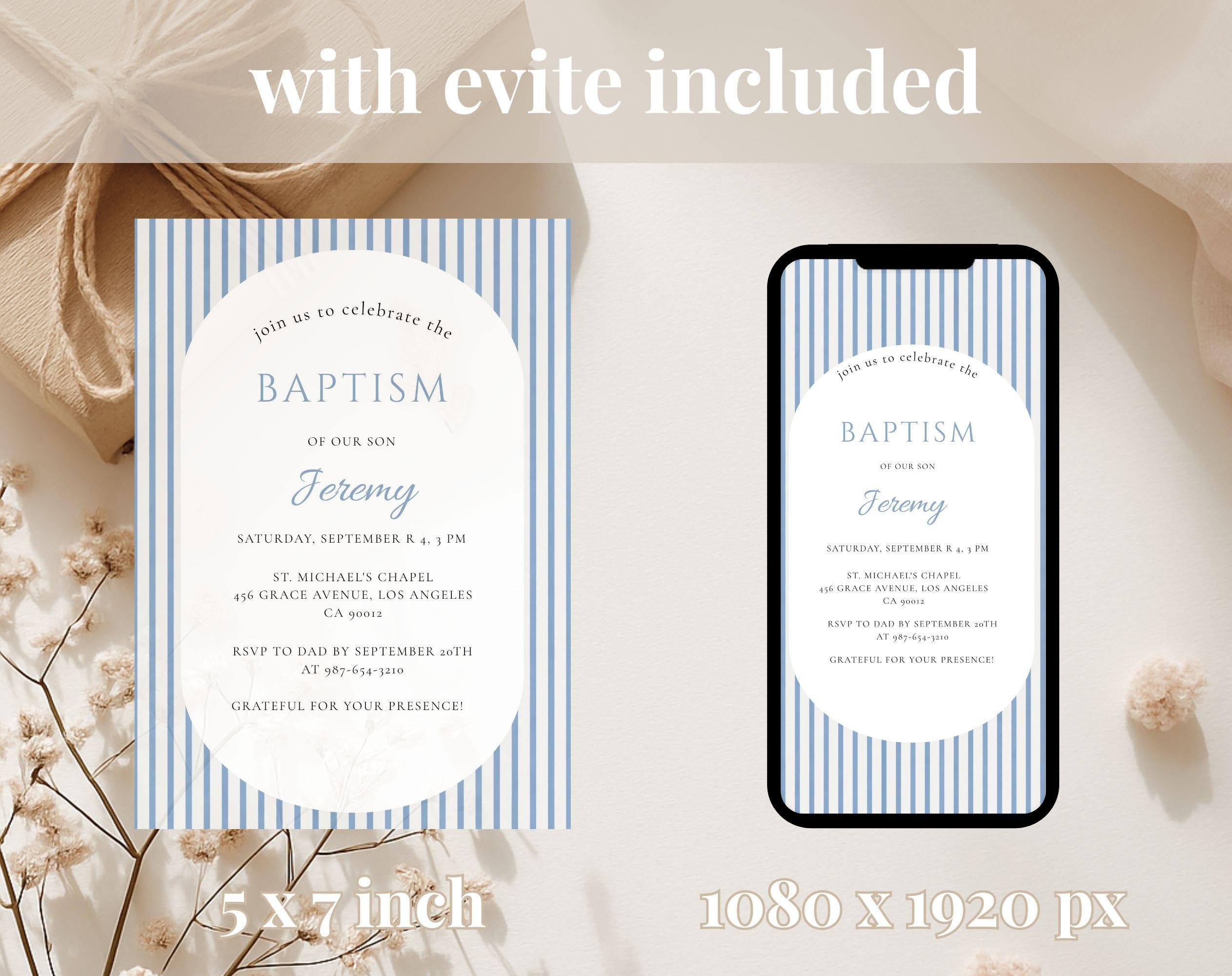Classic Blue Striped Baptism Invitation