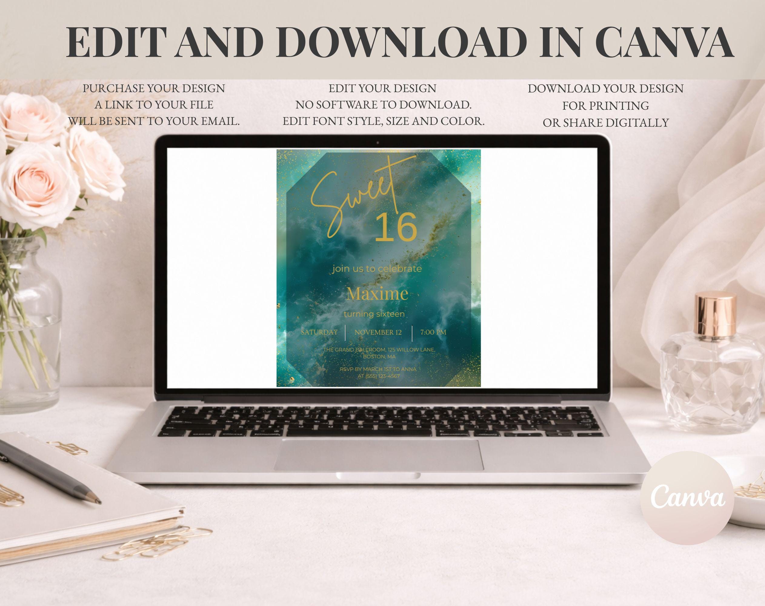 Gold Sweet 16 Birthday Invitation
