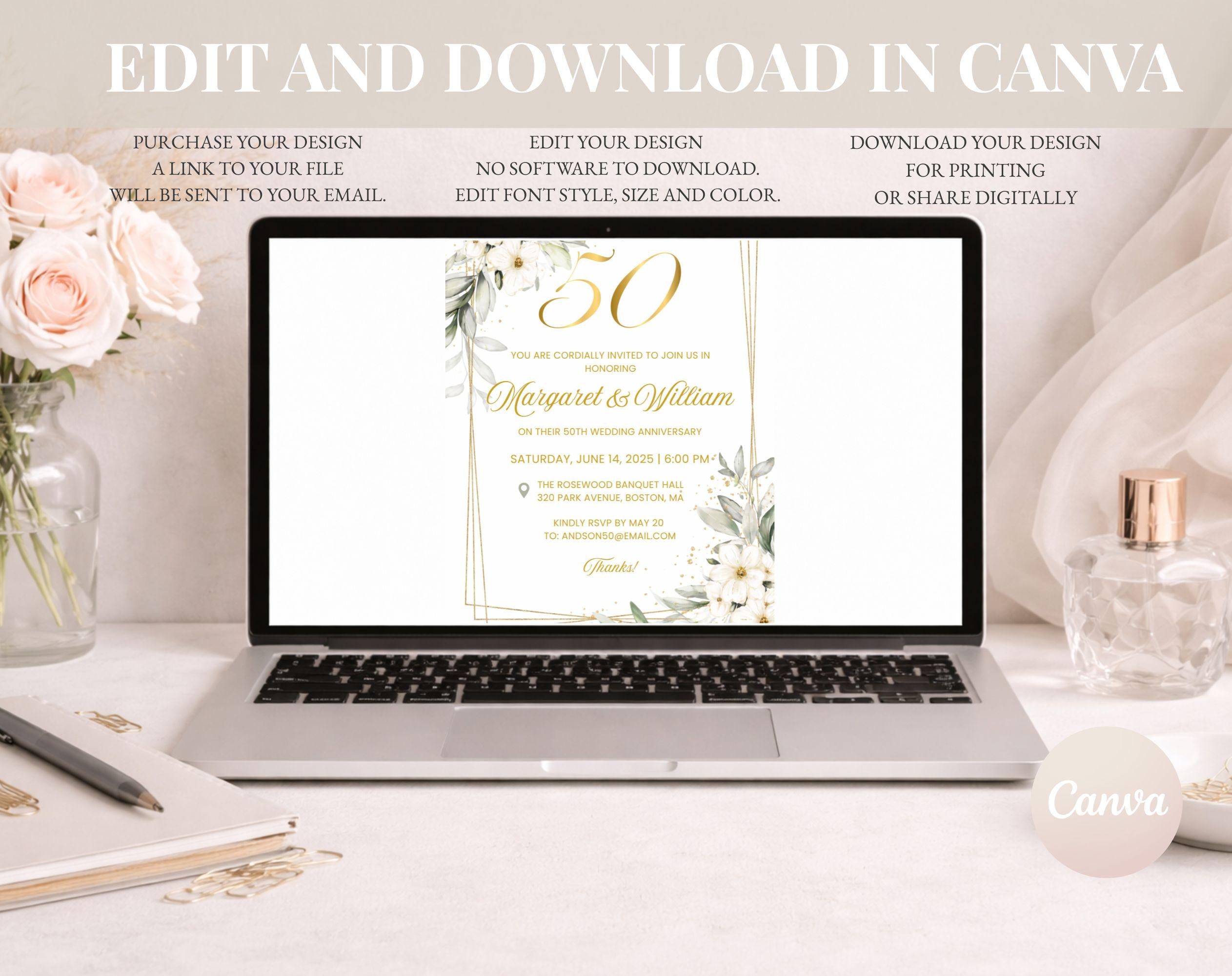 White Gold Floral 50th Wedding Anniversary Invitation