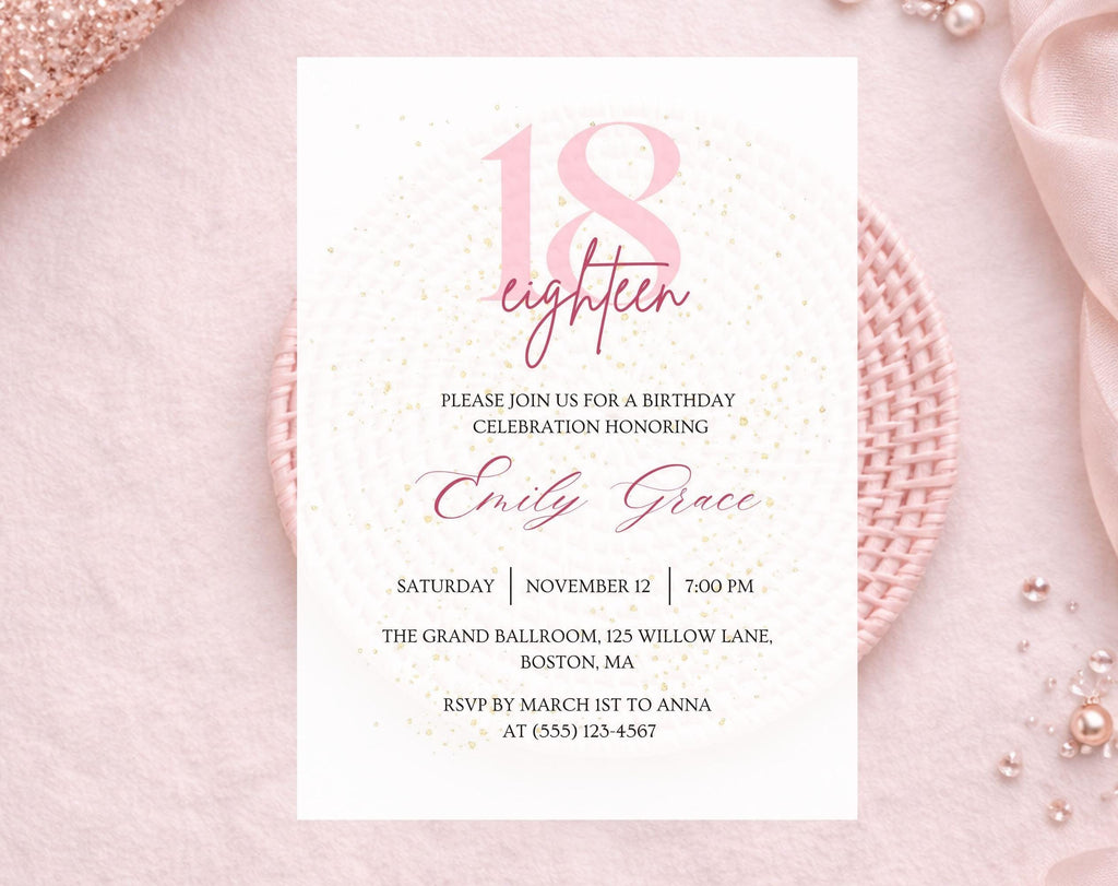 Pink & Gold Glitter 18th Birthday Invitation