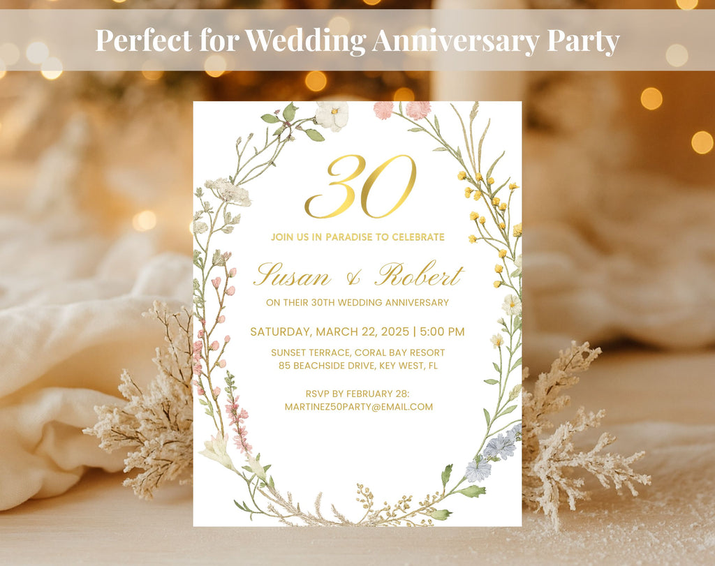Elegant Floral 30th Wedding Anniversary Invitation