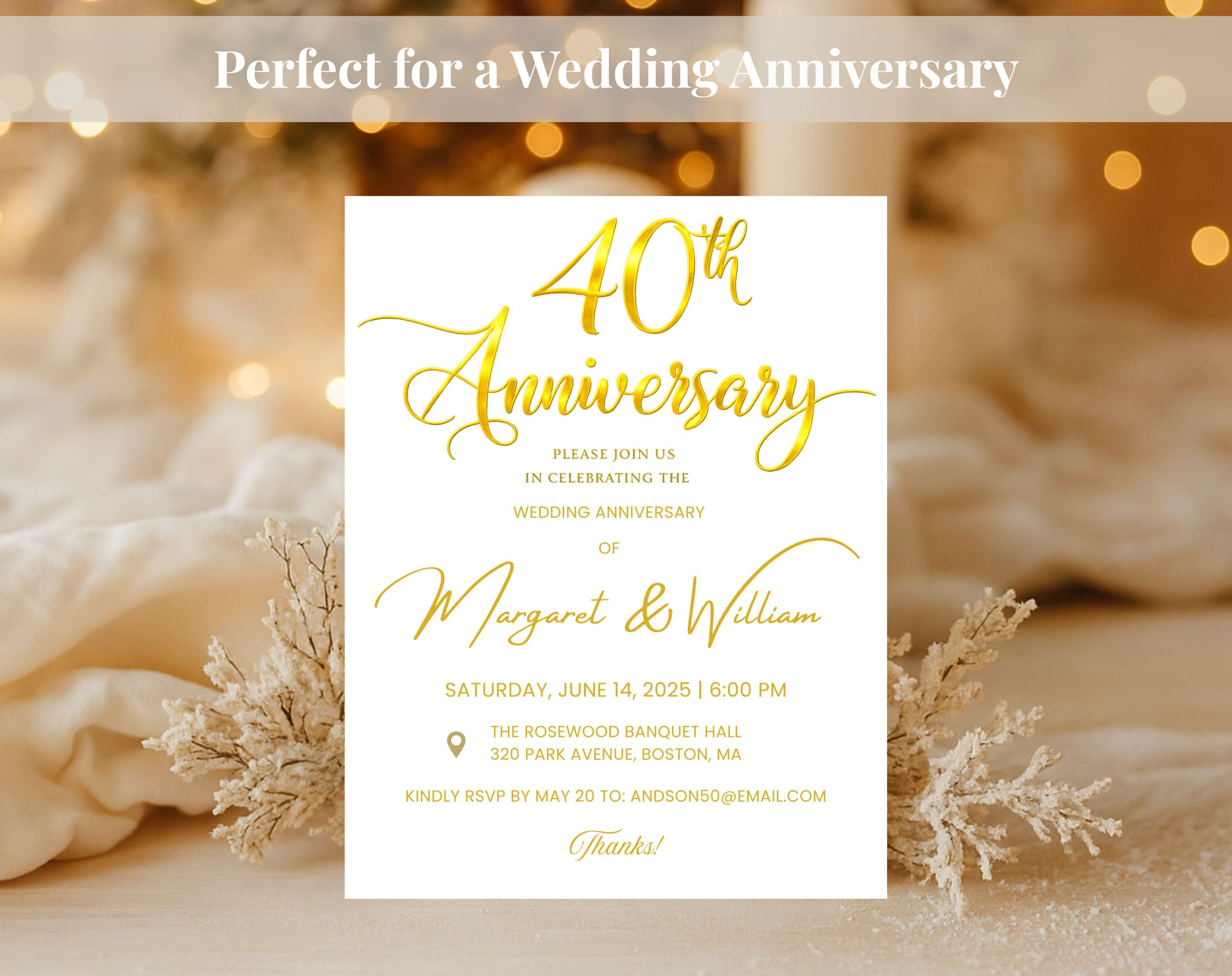 Golden 40th  Wedding Anniversary Invite White Gold