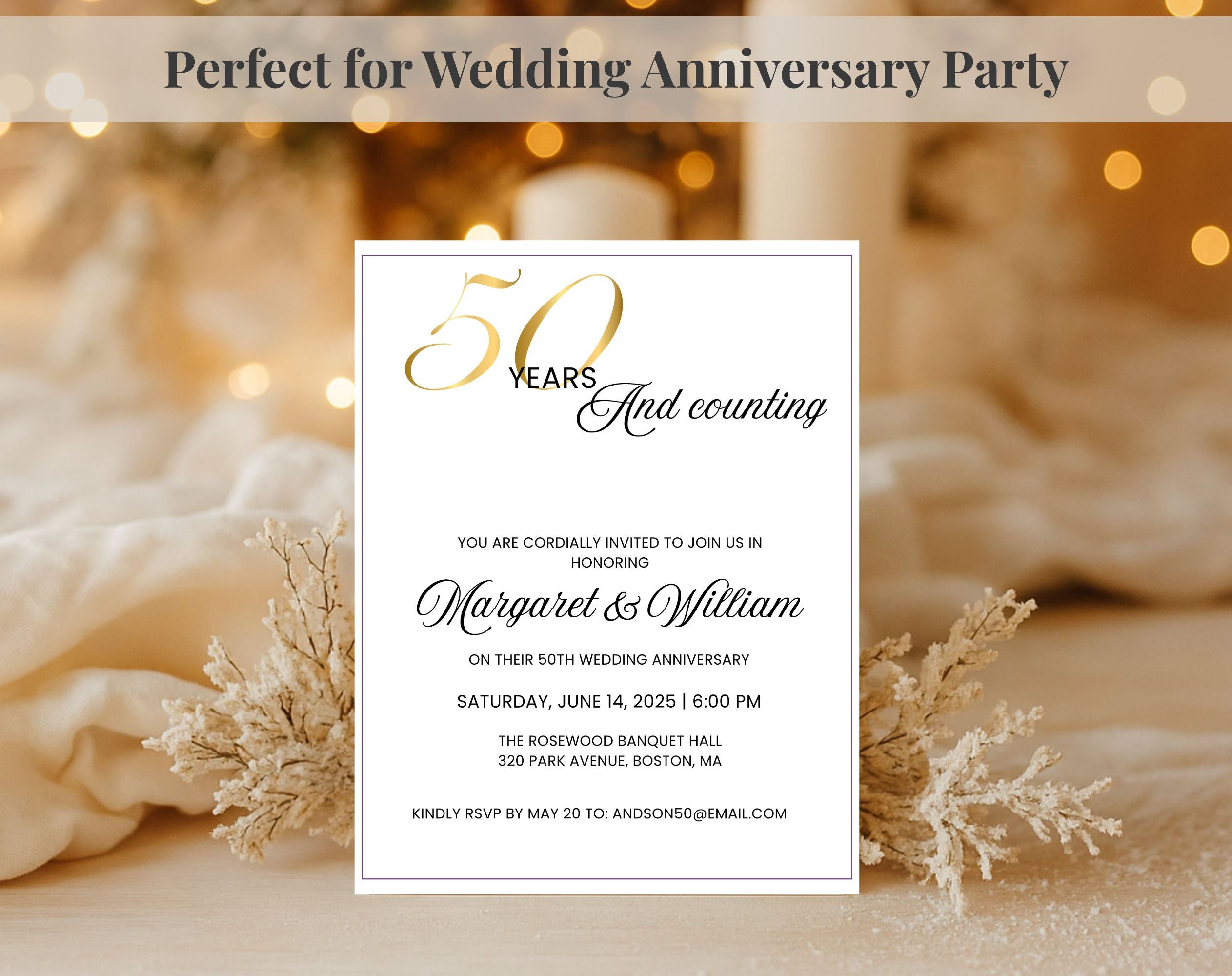 Elegant White Gold 50th Anniversary Invitation