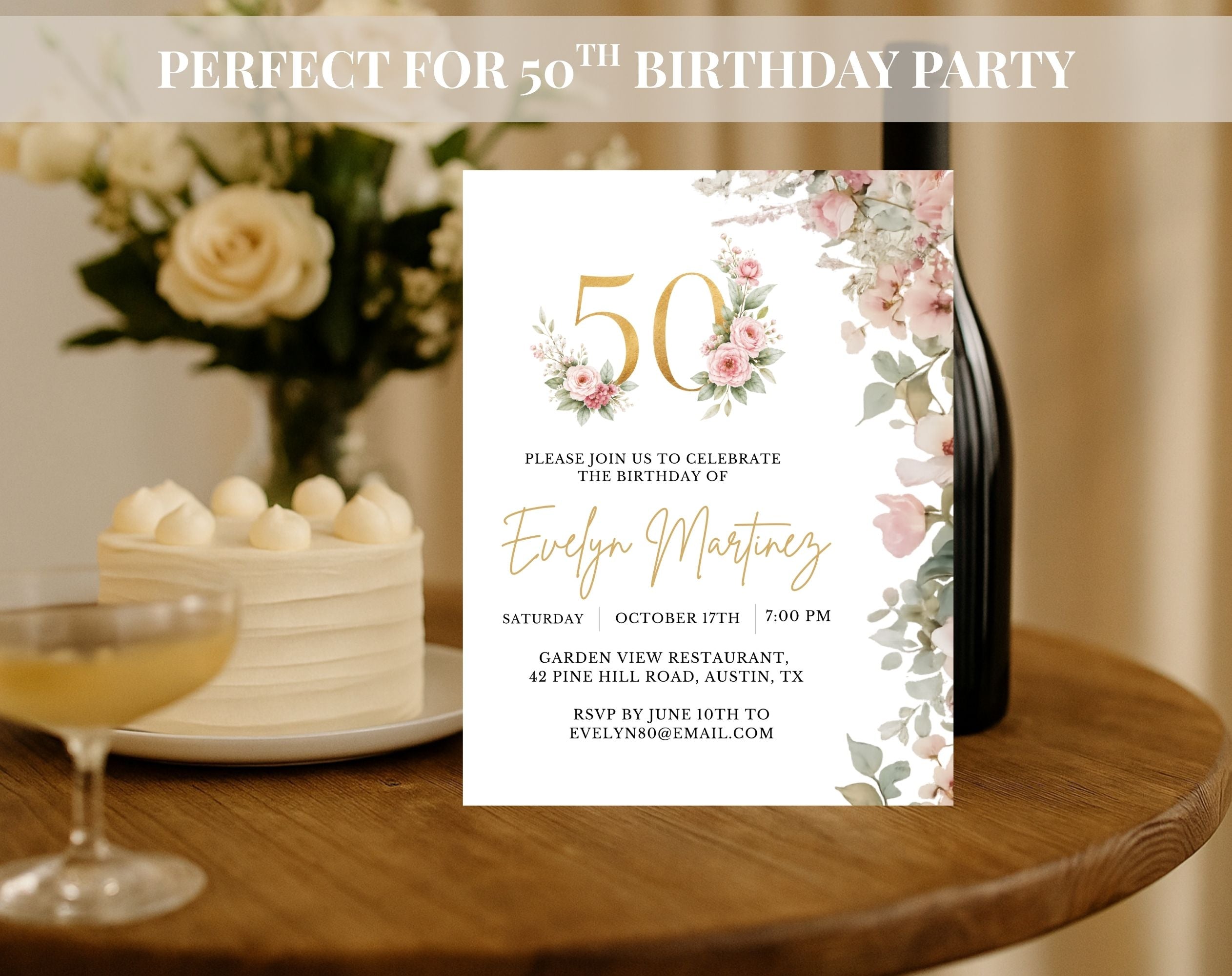 Elegant Floral 50th Birthday Invitation