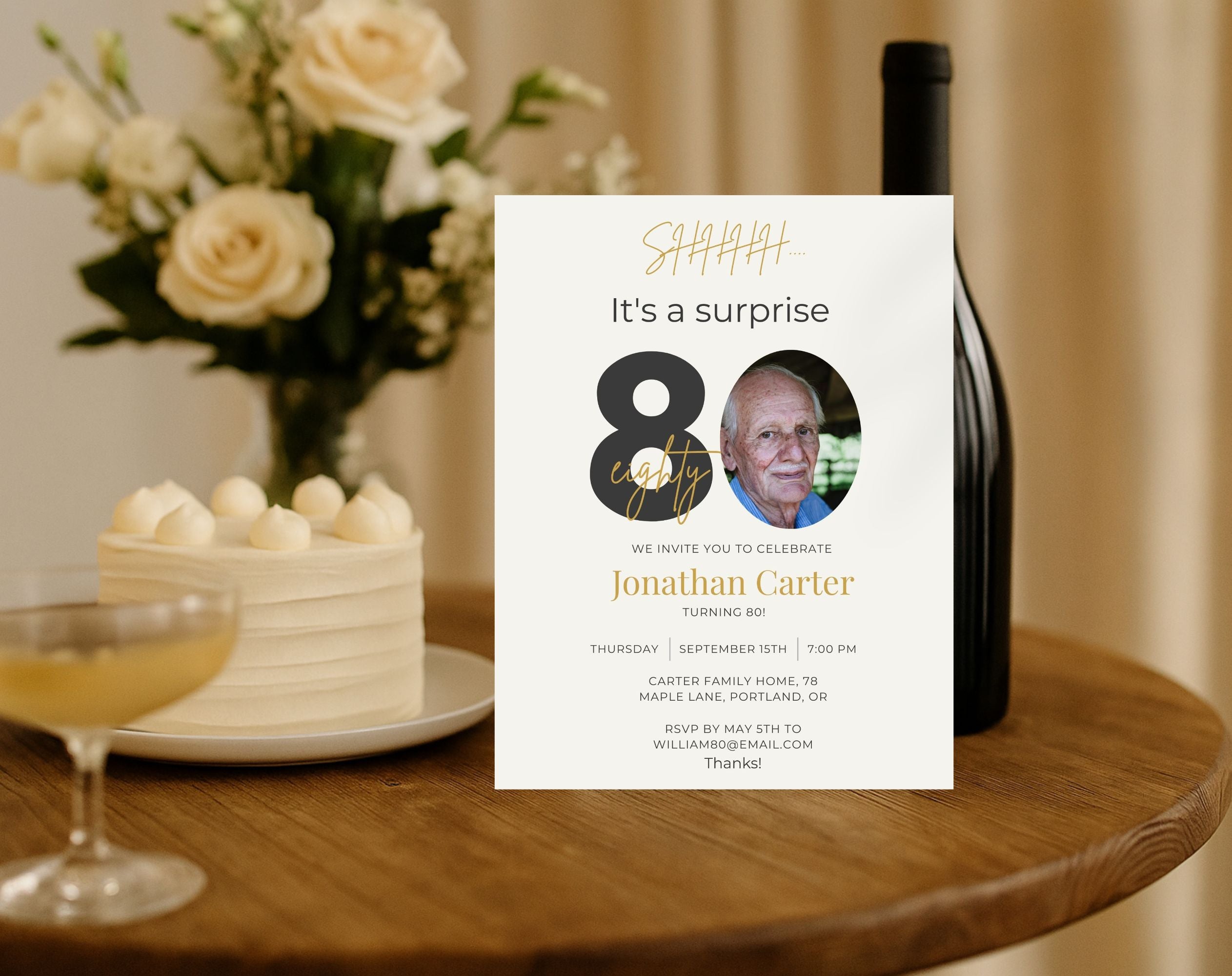 Beige 80th Birthday Invitation