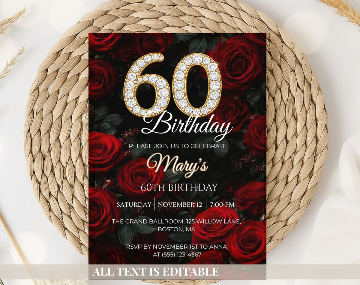 Luxury Red Rose 60th Birthday Invitation