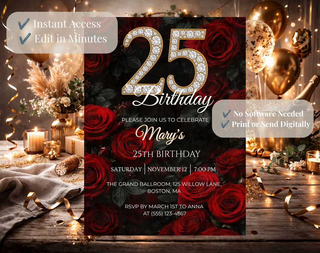 Elegant Red Rose 25th birthday invitation
