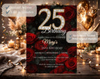 Elegant Red Rose 25th birthday invitation