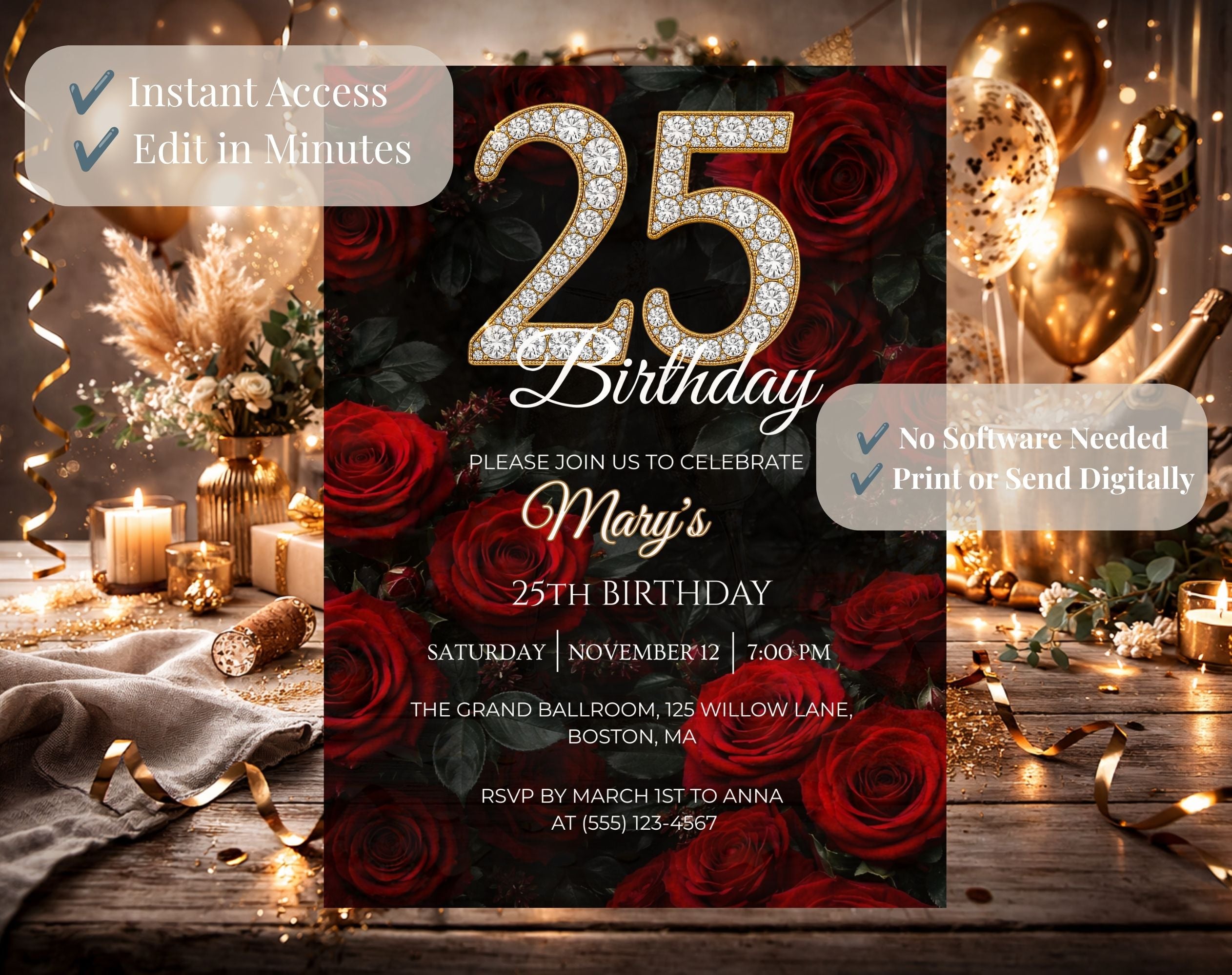 Elegant Red Rose 25th birthday invitation