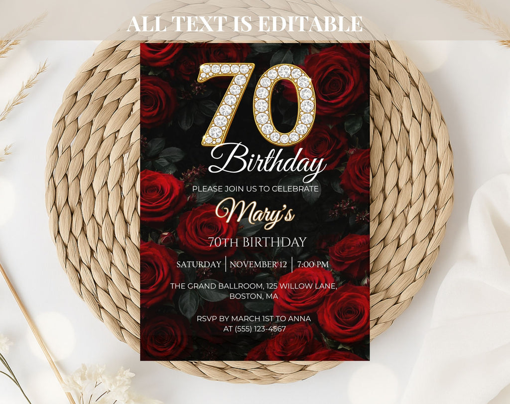 Luxury Red Rose 70th Birthday Invitation